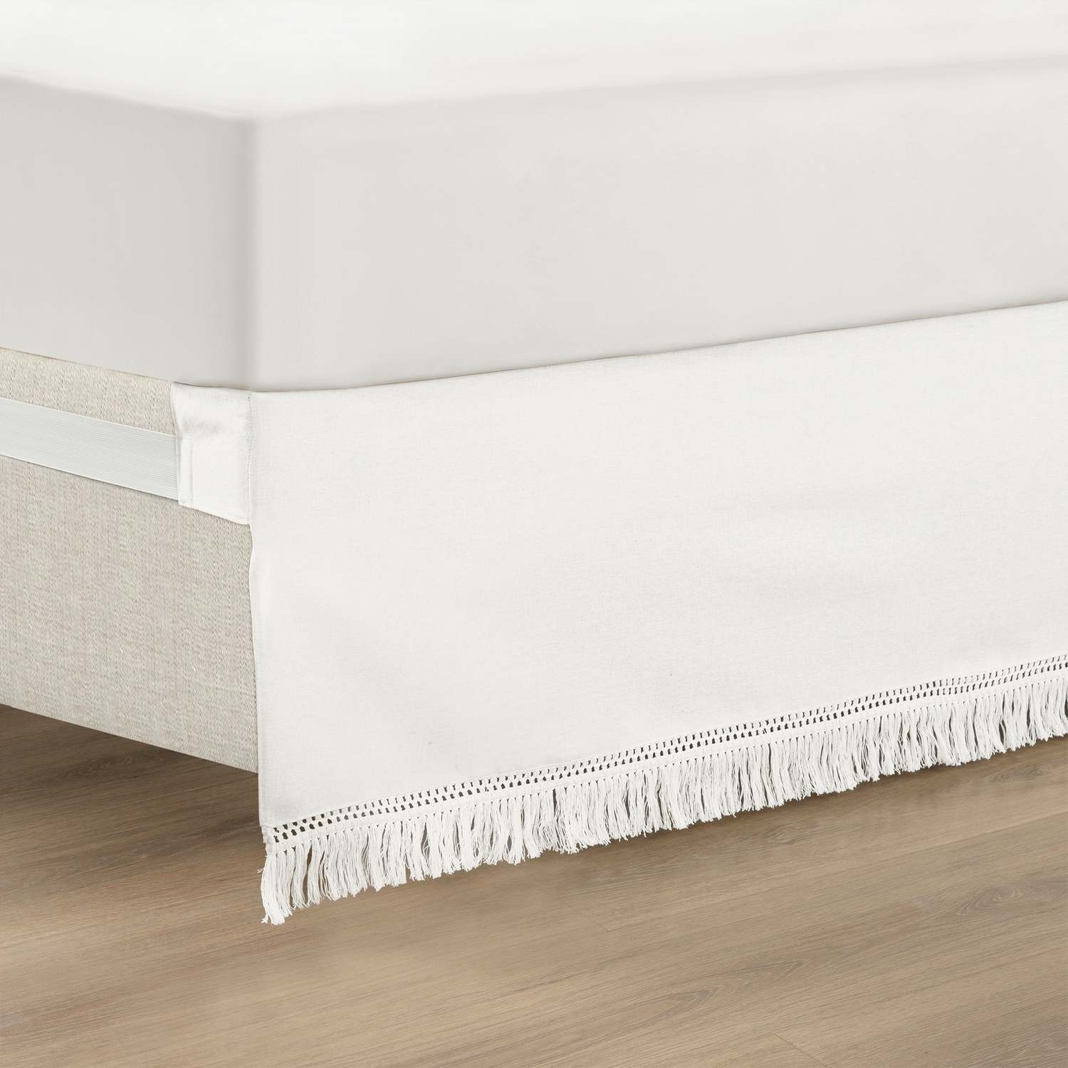 Pure White Queen Cotton Linen Boho Fringe Bed Skirt