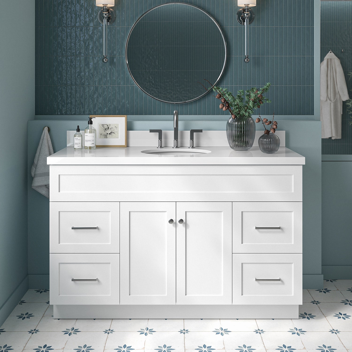 ARIEL F055SWQOVOWHT Hamlet 54-in White Undermount Single Sink Bathroom Vanity with Pure White Quartz Quartz Top
