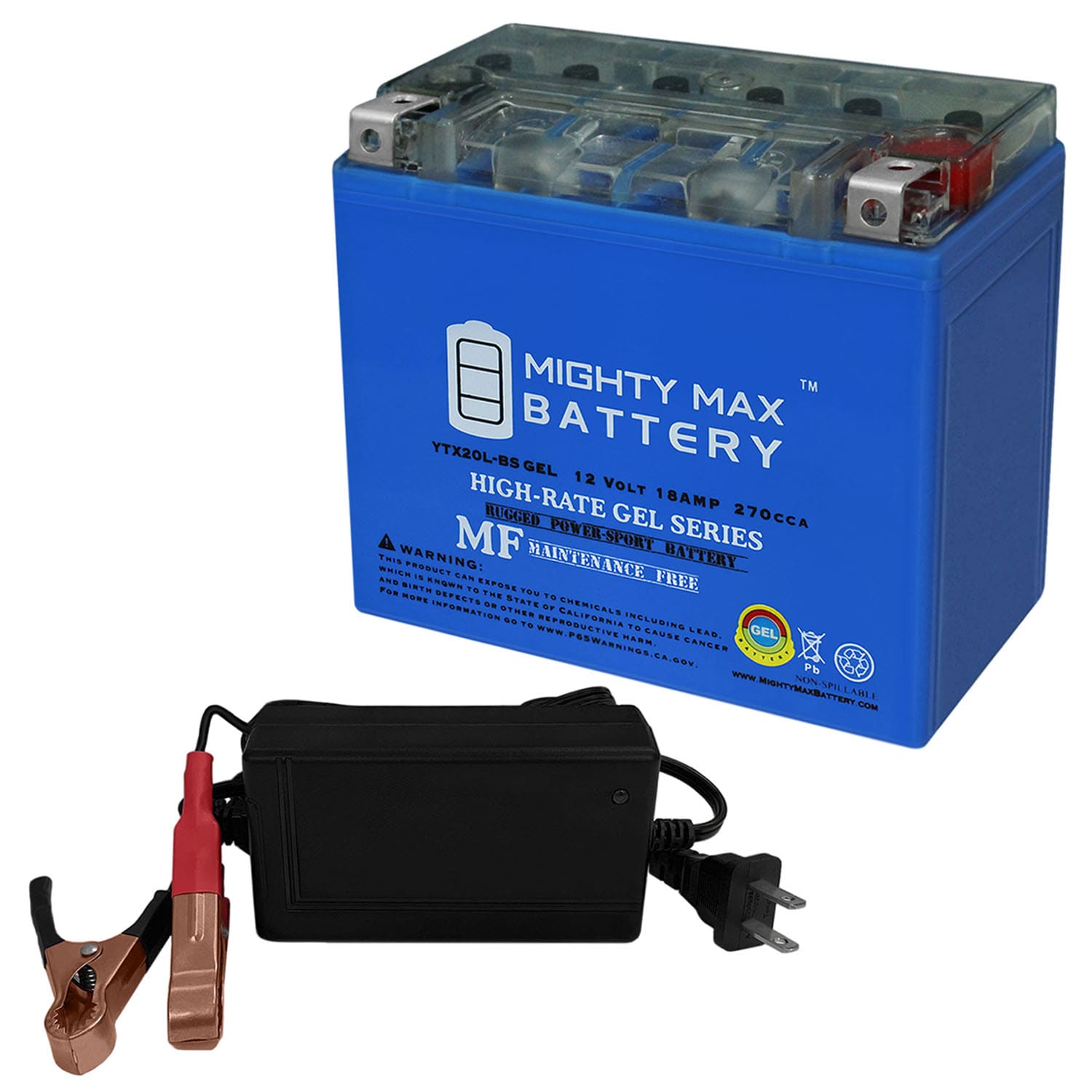 Mighty Max Battery MAX3512427 YTX20L-BS 12V 18AH Power Sport + 12V 4Amp Charger Rechargeable Sealed GEL 12180 Backup power Batteries