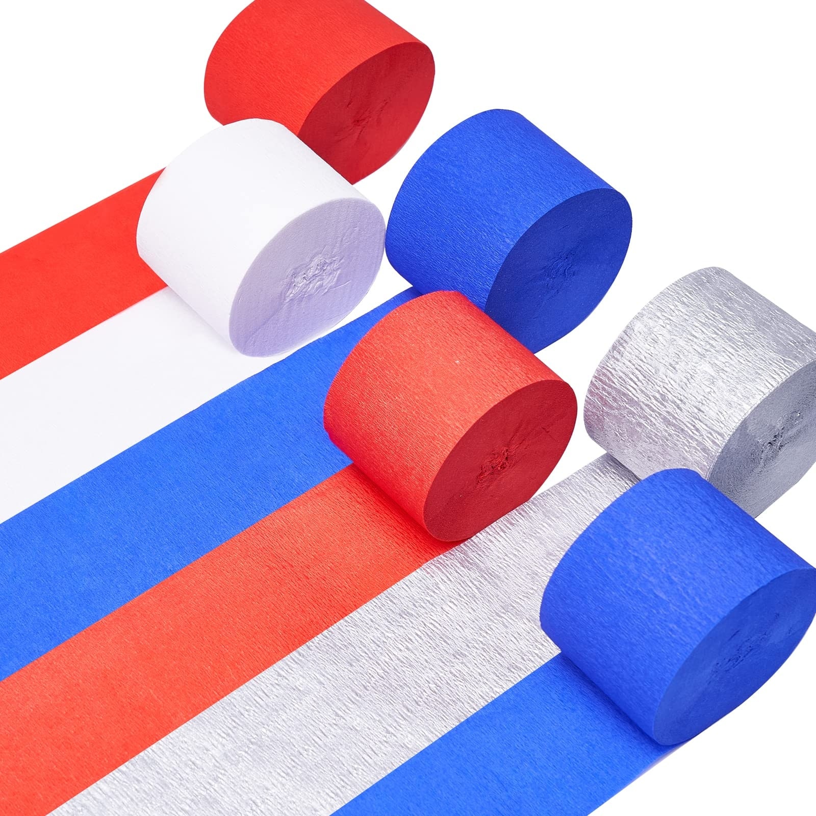 Justincity  Red White Blue Silver Crepe Paper Streamers 6pcs 492ft Pack for Independence Day Memorial Day Fourth of July USA Patriotic Party