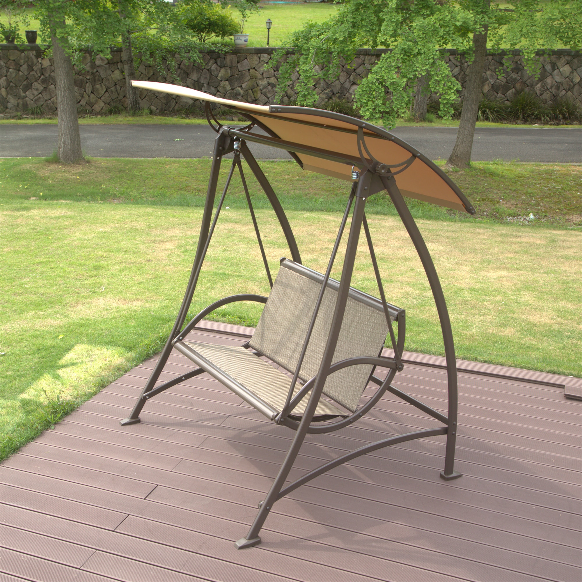 GDFStudio Modern Outdoor 2-Seat Patio Swing Chair with Adjustable Canopy and Steel Frame - Dark Brown