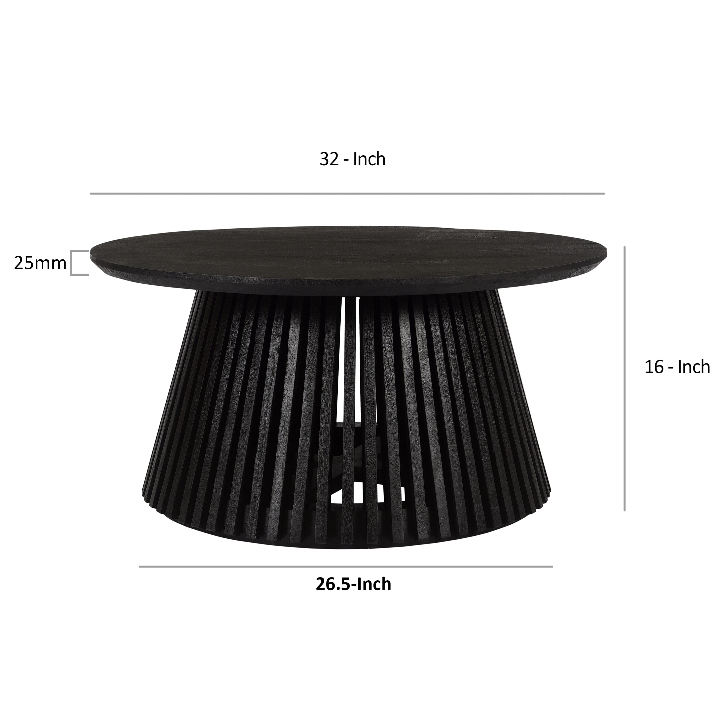 Jet Black Round Solid Wood Coffee Table with Slatted Base