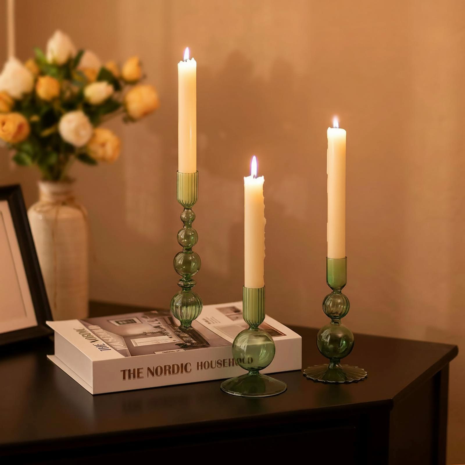 OMOMMD Green Glass Candlestick Holders Set 3pcs Clear Crystal Ribbed ...