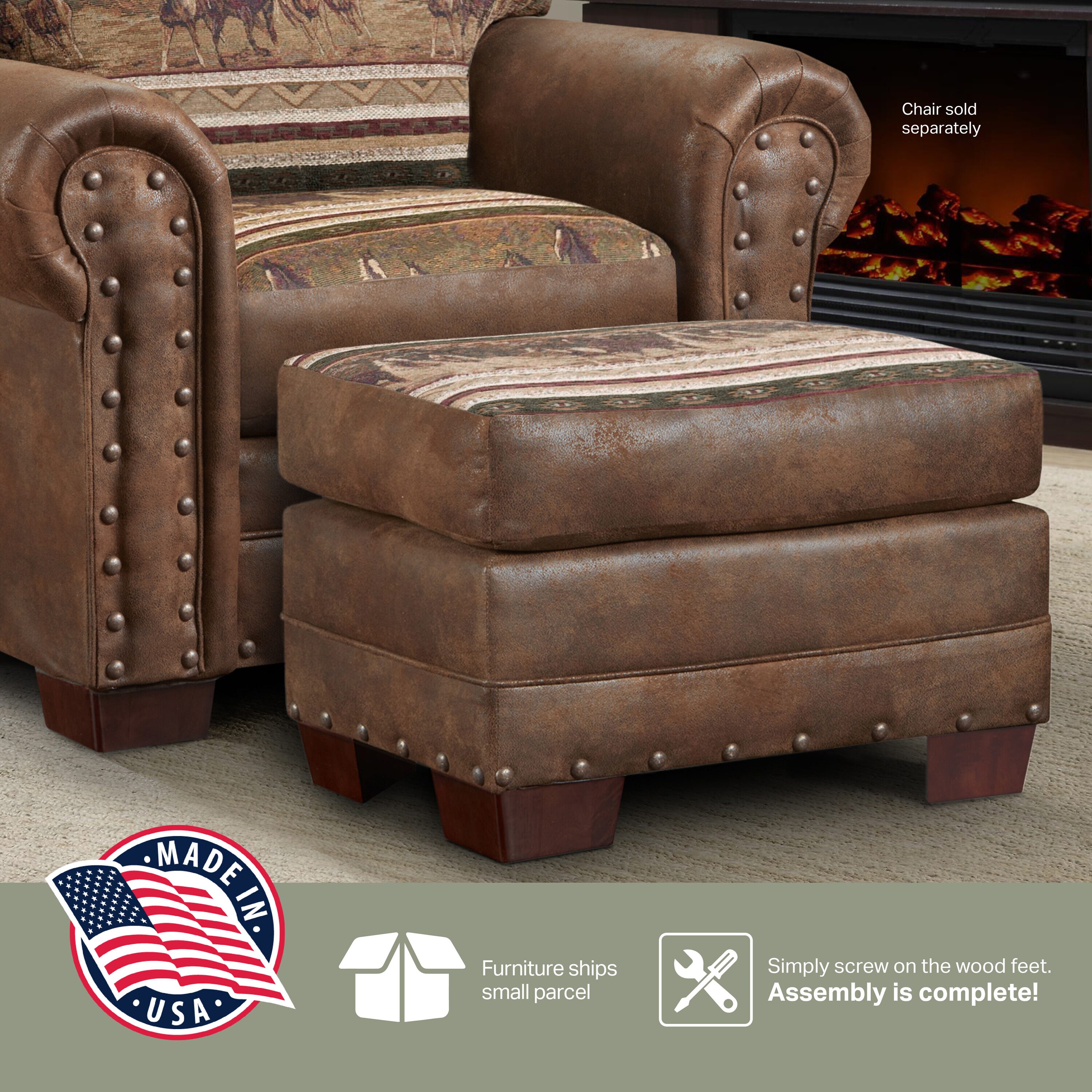 Brown Microfiber and Wood Rustic Accent Chair with Ottoman