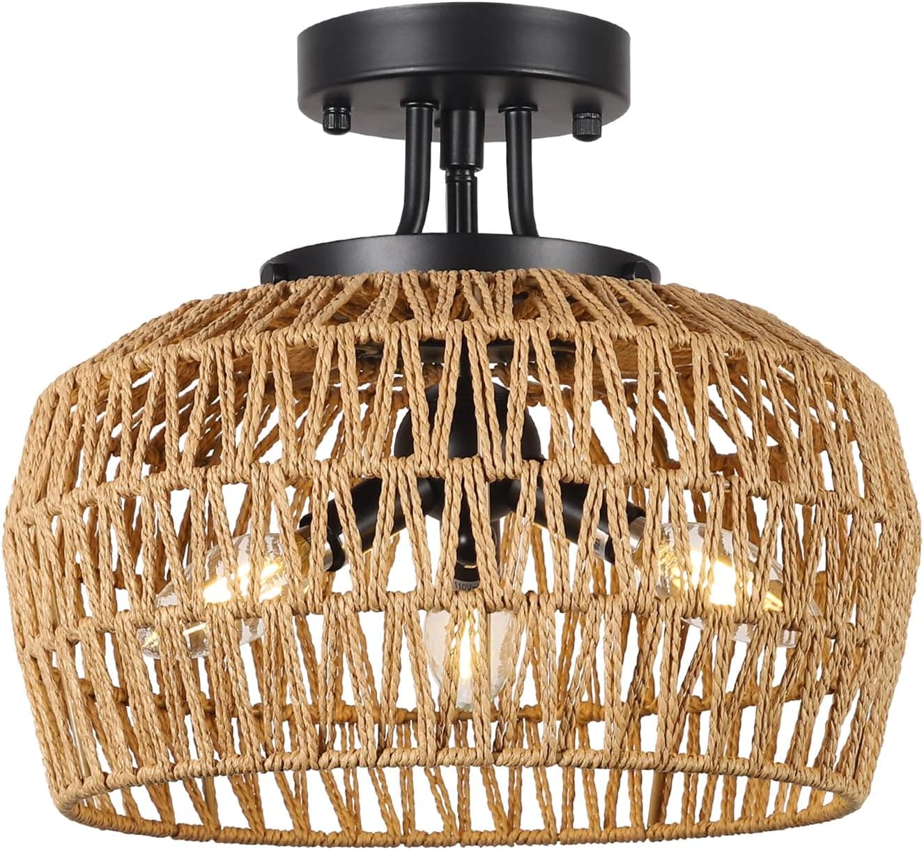 Flynama 12.6-in Brown Indoor 3 -Light Semi-flush Mount Light Rattan Shade