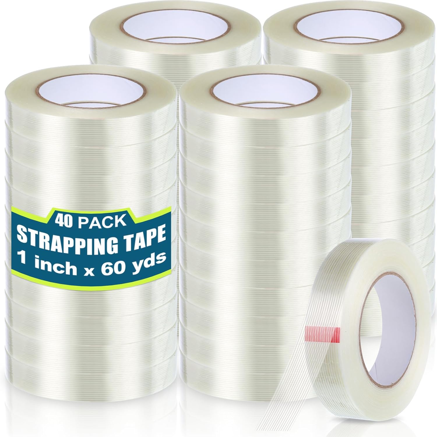 Etokfoks  40 Rolls 1 Inch x 60 Yards Filament Strapping Tape 5 5 Mil Transparent Reinforced Fiberglass Heavy Duty Packing Shipping Tape