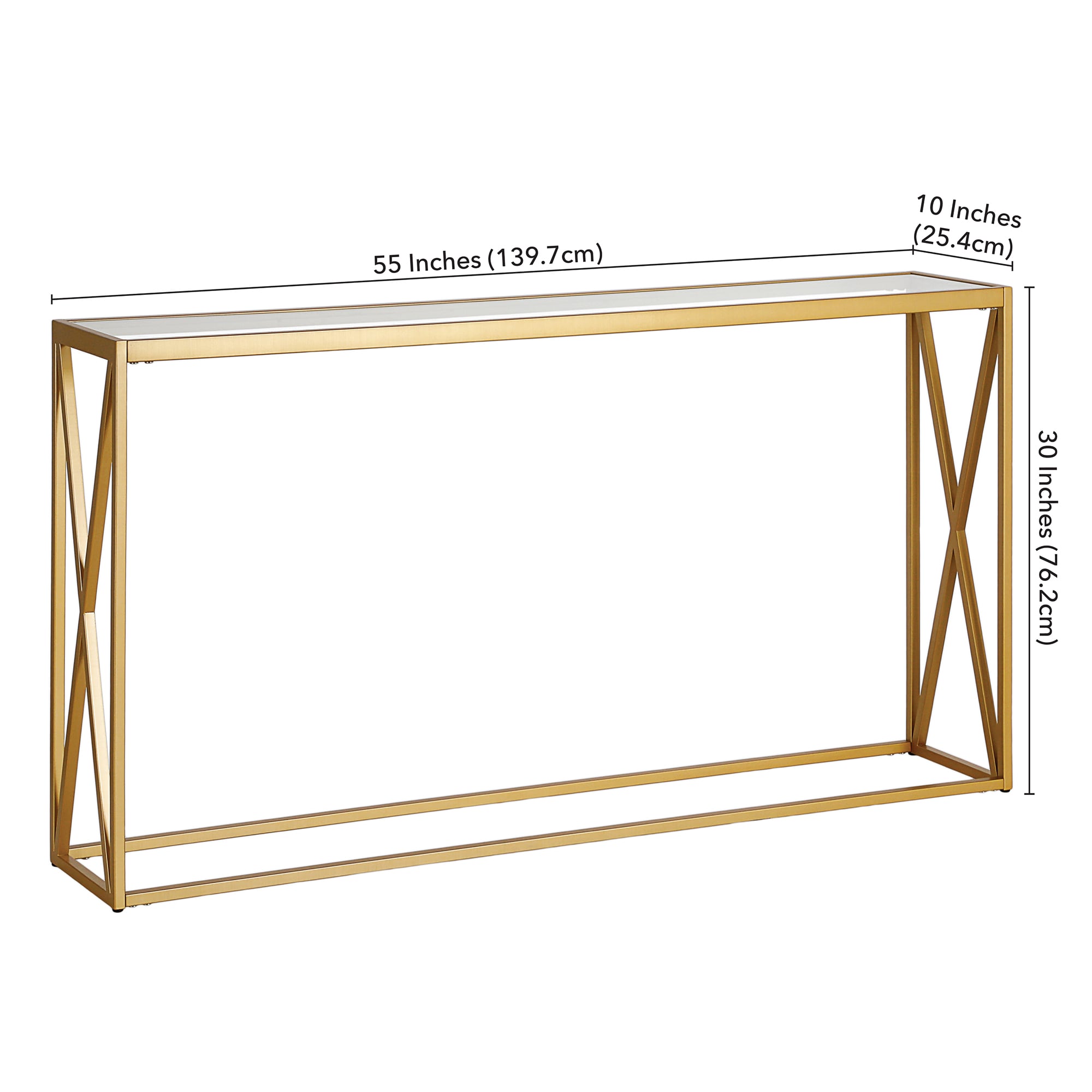 Modern Geometric 55" Brass Console Table with Tempered Glass Top