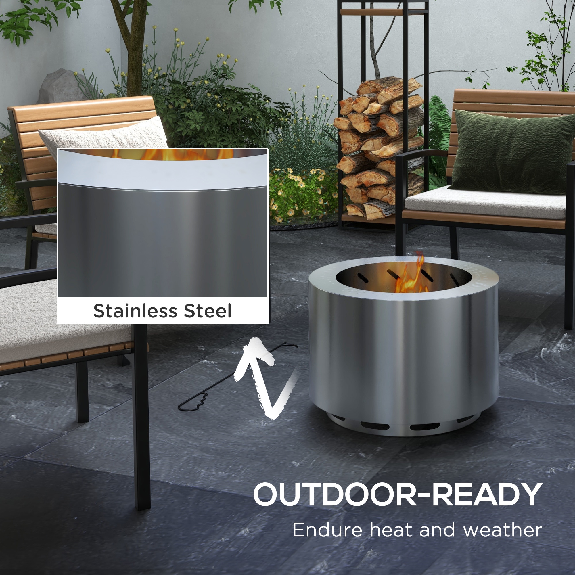 Silver Stainless Steel Smokeless Wood Burning Fire Pit with Poker