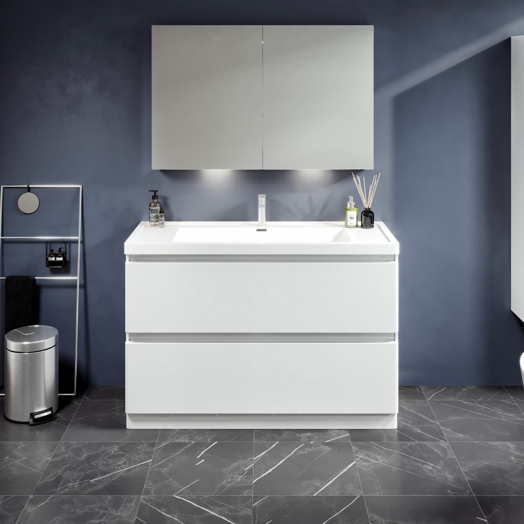 Eviva EVVN1200-SS-48WH-FS Glazzy 48-in White Single Sink Bathroom Vanity with White Acrylic Top