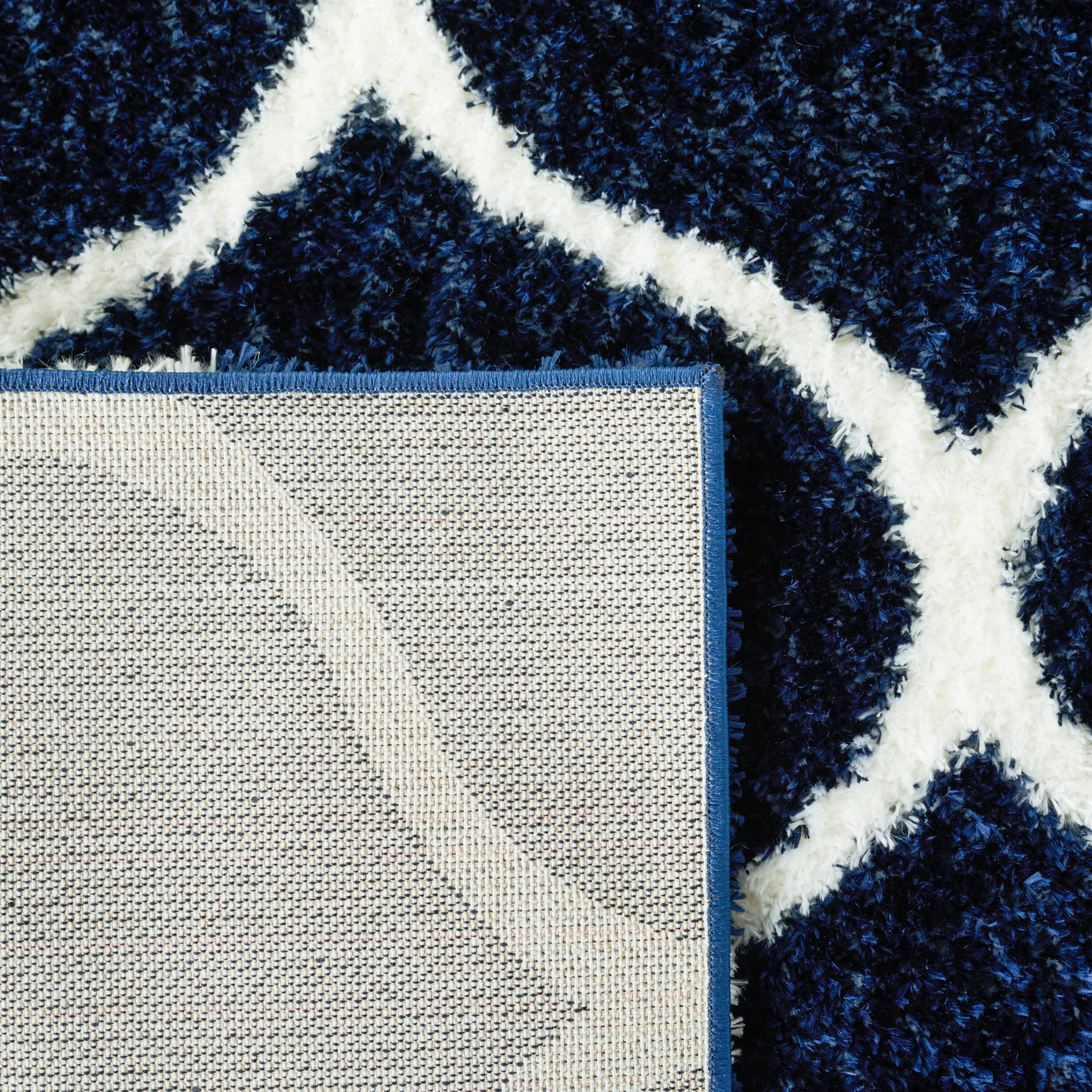 Navy and White Geometric Shag Runner Rug 2' x 9'