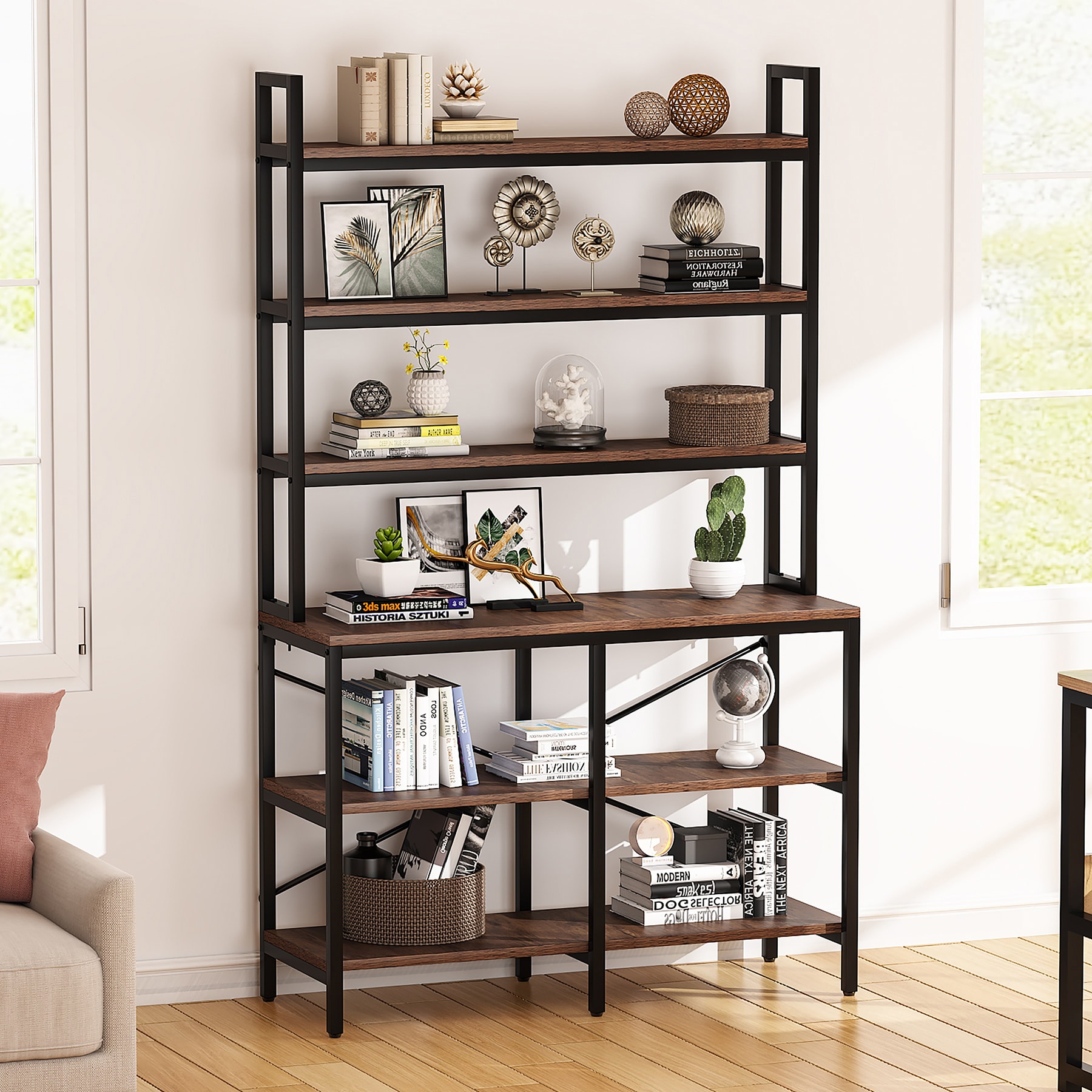 Rustic Brown 6-Tier Industrial Bookshelf with Metal Frame