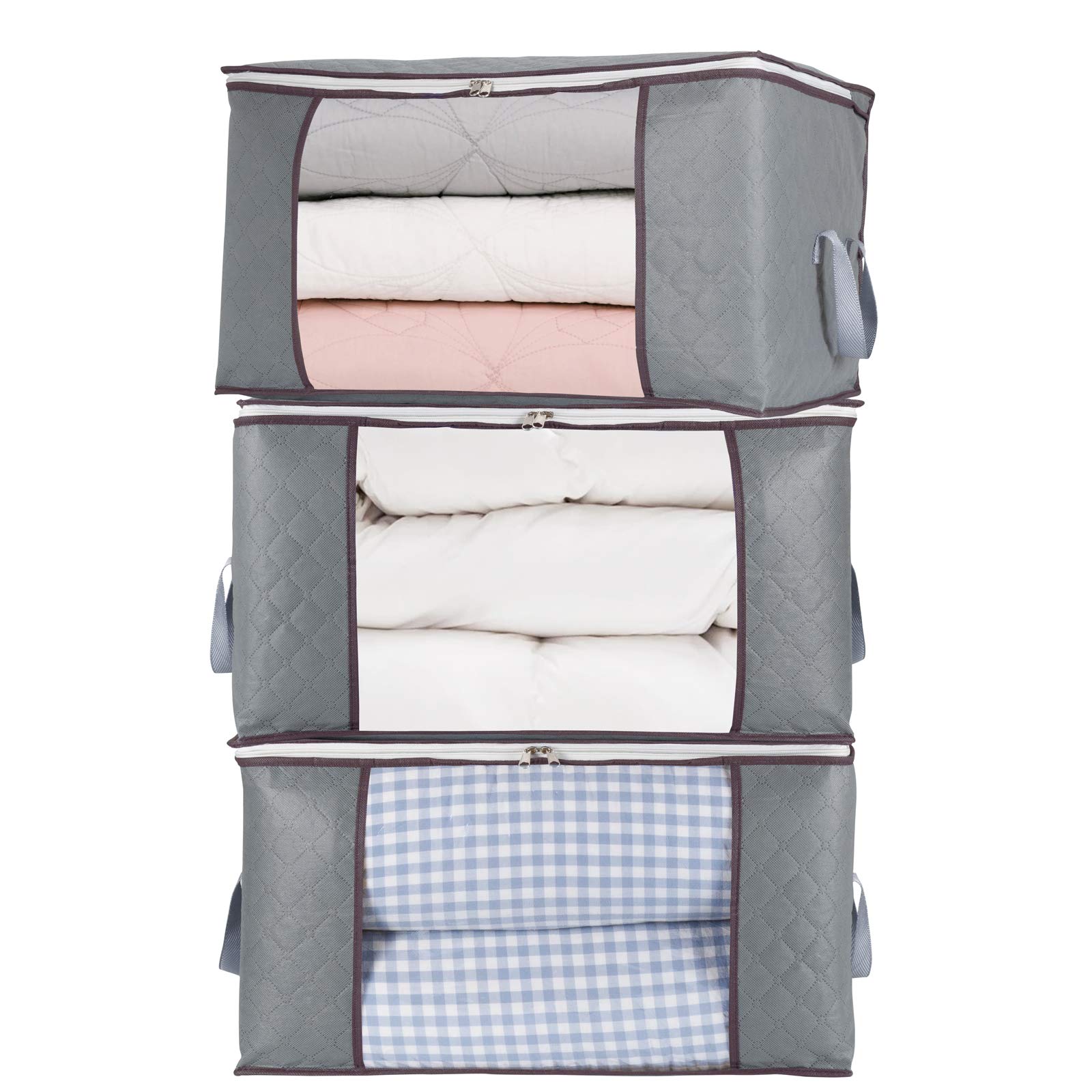 Etokfoks  3 pack zippered breathable fabric storage bags 23 3 5 x 15 7 10 x 13 4 5 in with clear windows handles for bedding and clothes