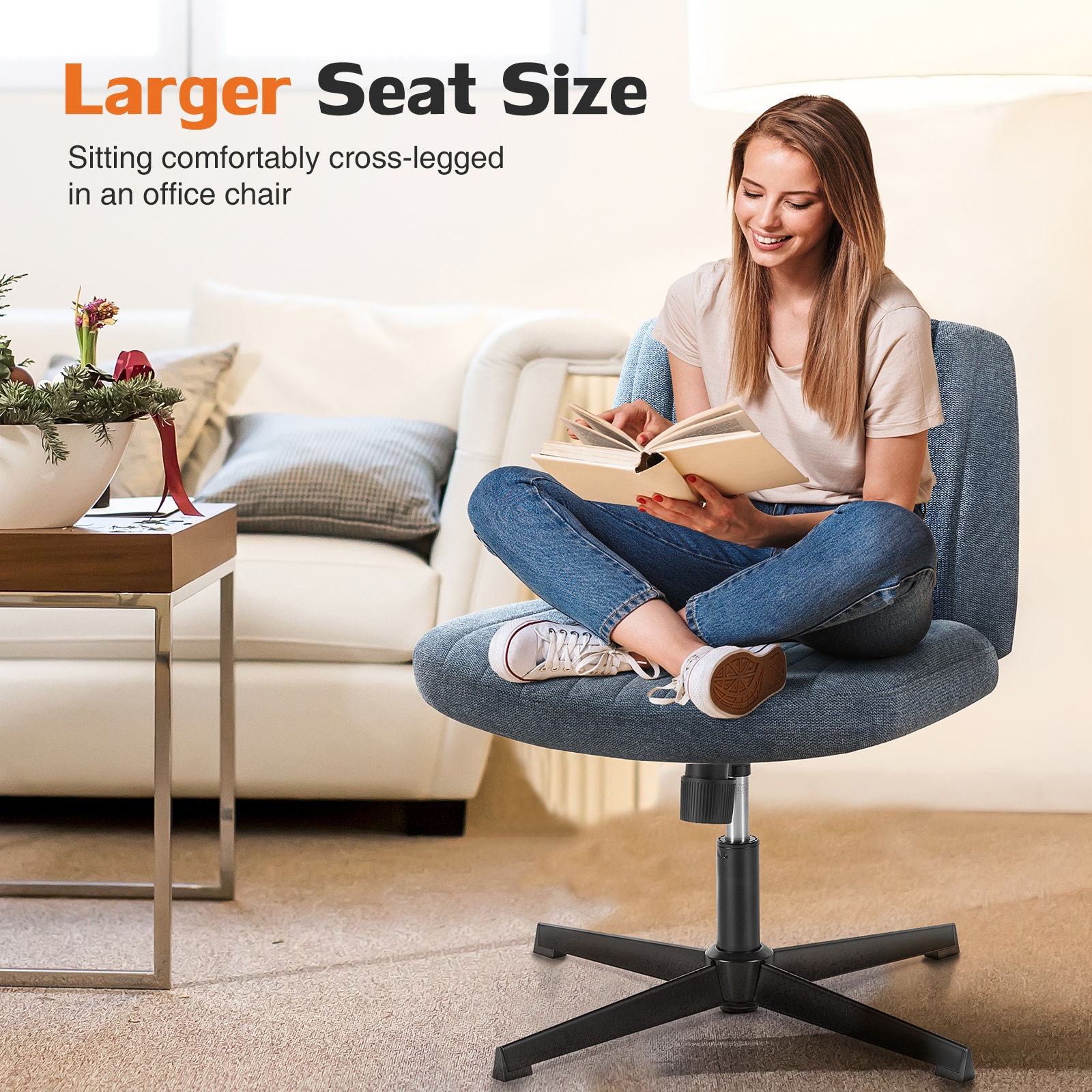 Close-up of blue chair with text Larger Seat Size