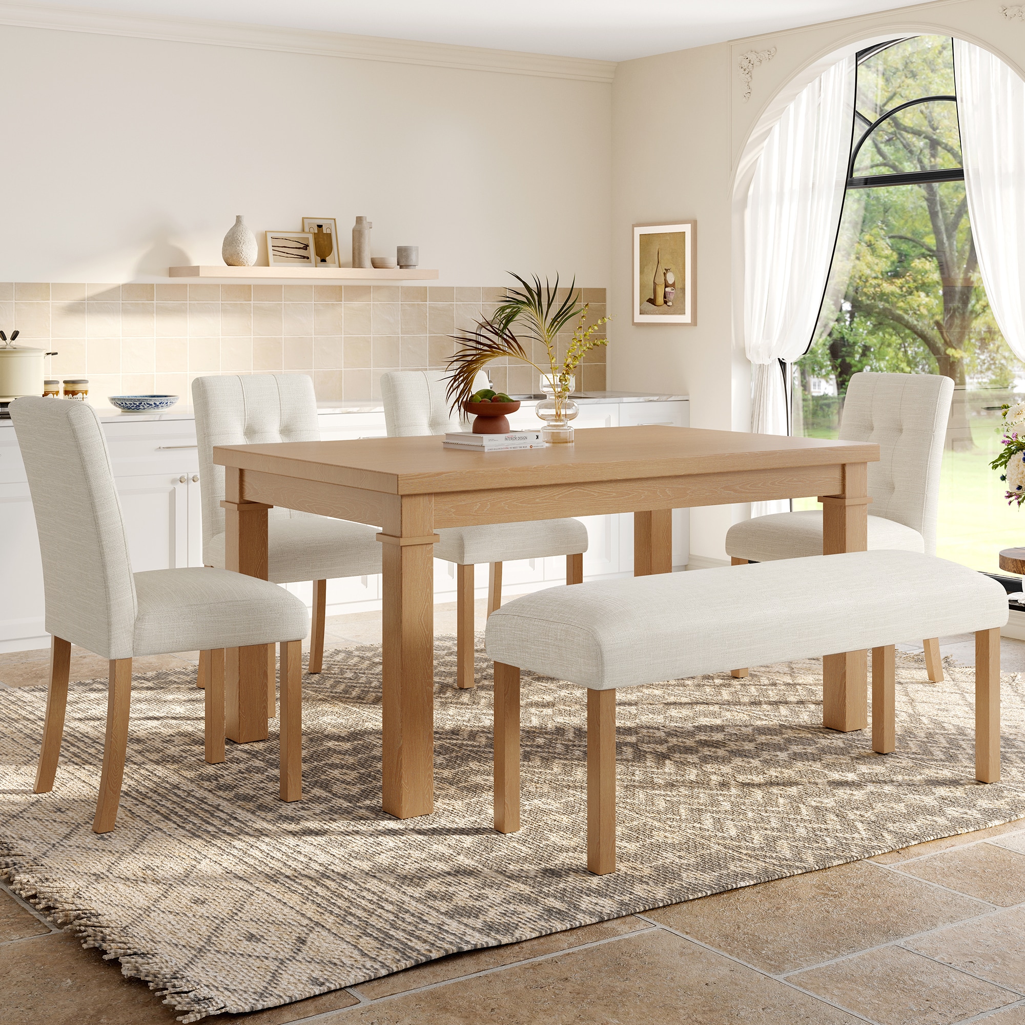 LOVMOR SF-H-N752S000012N 6-Piece Modern Dining Set Rectangle Kitchen Table with 4 Upholstered Chairs and Bench Ideal for Dining Room