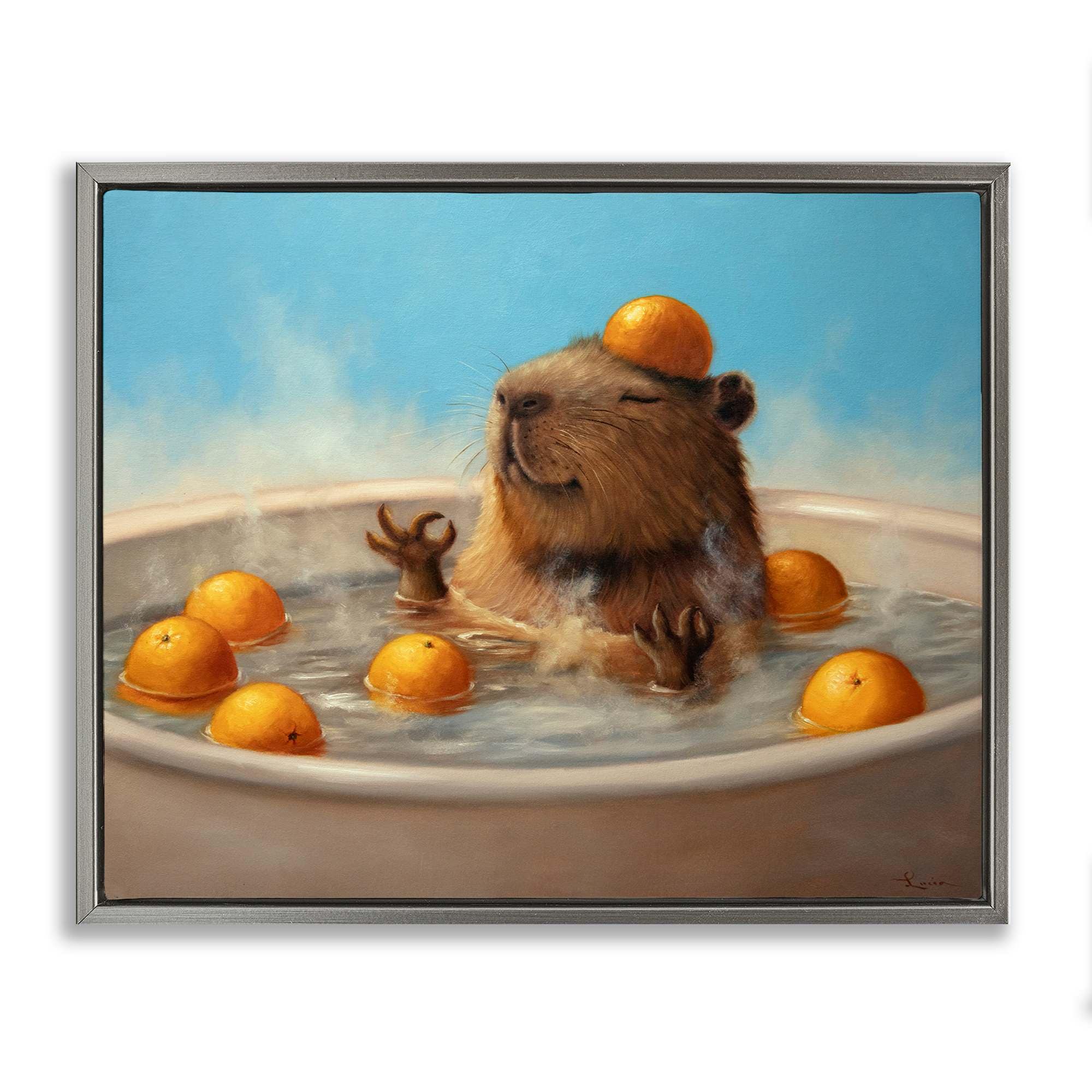 Stupell Industries BS-767-FFL-24X30 Capybara in Orange Bath Floating Frame design by Lucia Heffernan