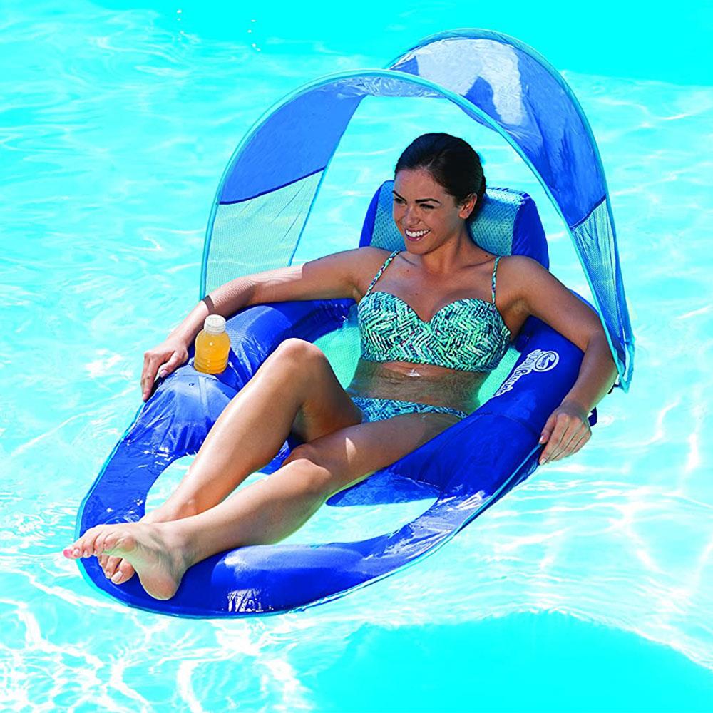 SwimWays Spring Float Recliner Pool Lounge Chair w/ Sun Canopy Blue13022 