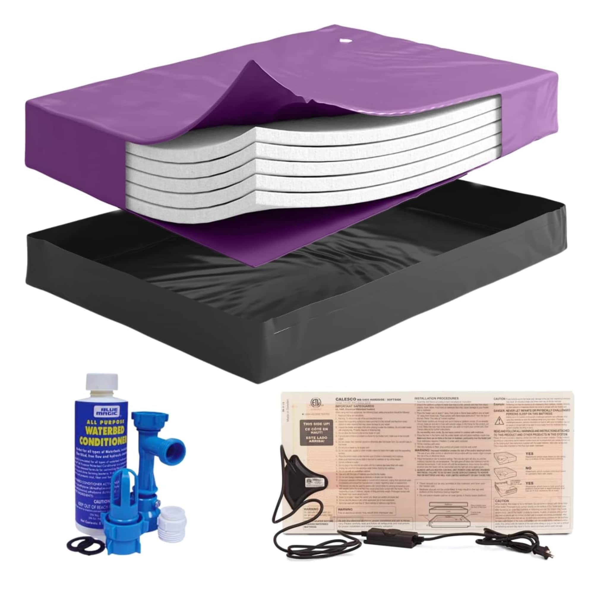 Boyd Sleep Blue Magic 95 Percent Waveless Hardside Waterbed Mattress Bundle with Five Wave Reducing Fiber Layers -325W Heater -Liner - Fill and Drain Kit - Conditioner - Frame not Included - California King Size #MT00817KKG
