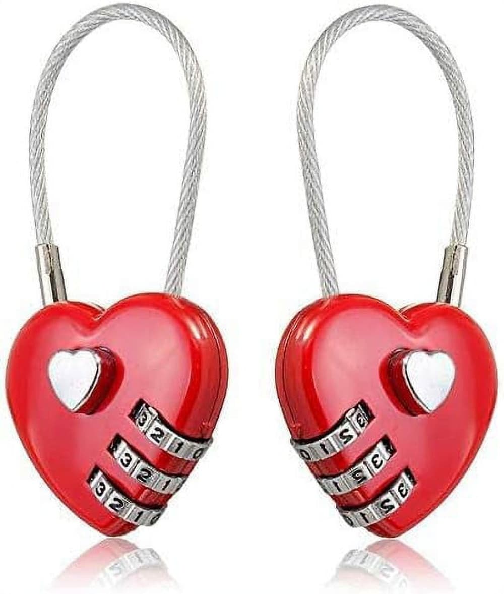 Phyfalip  2-Pack Red Mini Heart-Shaped Combination Padlocks with Wire Rope for Bags Suitcases Lockers Backpacks and Jewelry Boxes