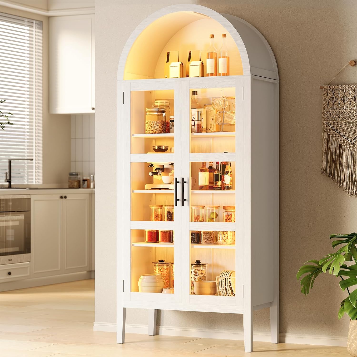 Qeetex LSNL001 Tall Arched Kitchen Pantry Cabinet with LED Lights Modern Wood Arched Bookshelf with Glass Doors Adjustable Shelves