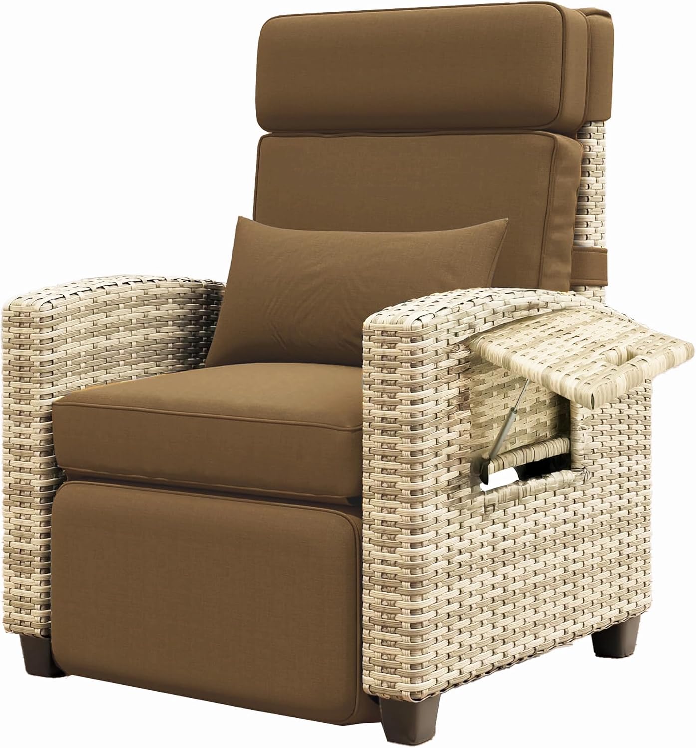 Qeetex LHF-HW-PHO-34W8Z25L Outdoor Recliner Chair Rattan Patio Recliner with Air Pump Adjustable Backrest and Footrest 150 Lay Flat Wicker Lounge Recliner Patio Chair with Flip-Up Table and Removable Cushion - Brown