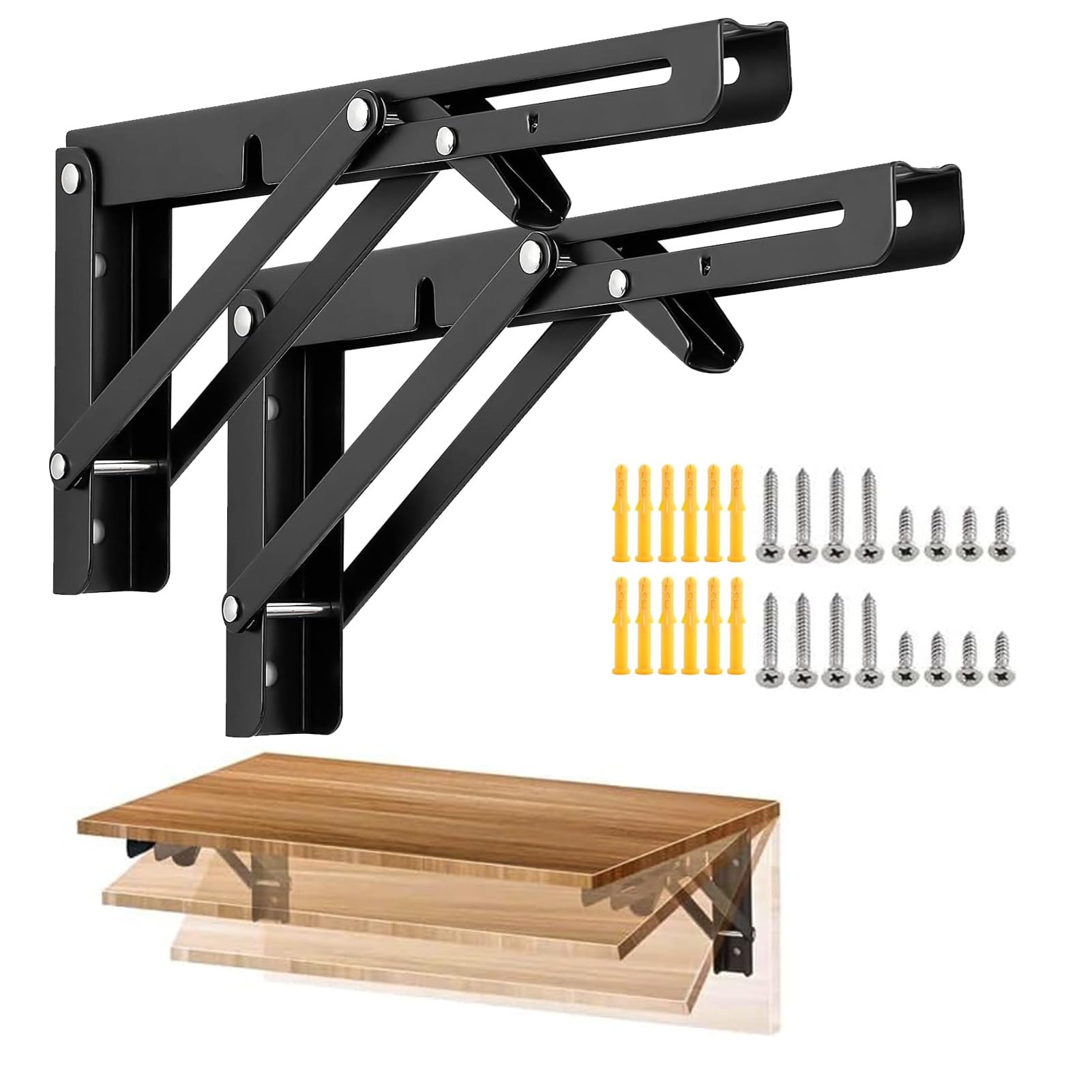 Phewnyzo  2 pcs 12 inch Folding Shelf Brackets Matte Black Collapsible Stainless Steel Heavy Duty Brackets for Table Bench Space Saving DIY with