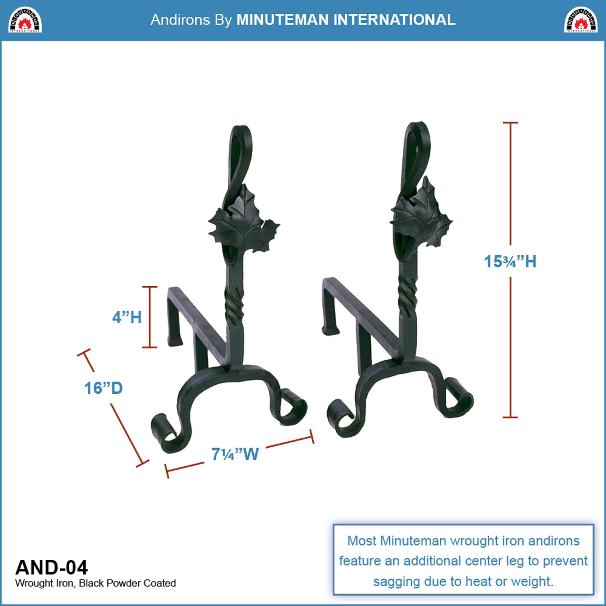 15.25" Black Wrought Iron Maple Leaf Fireplace Andirons