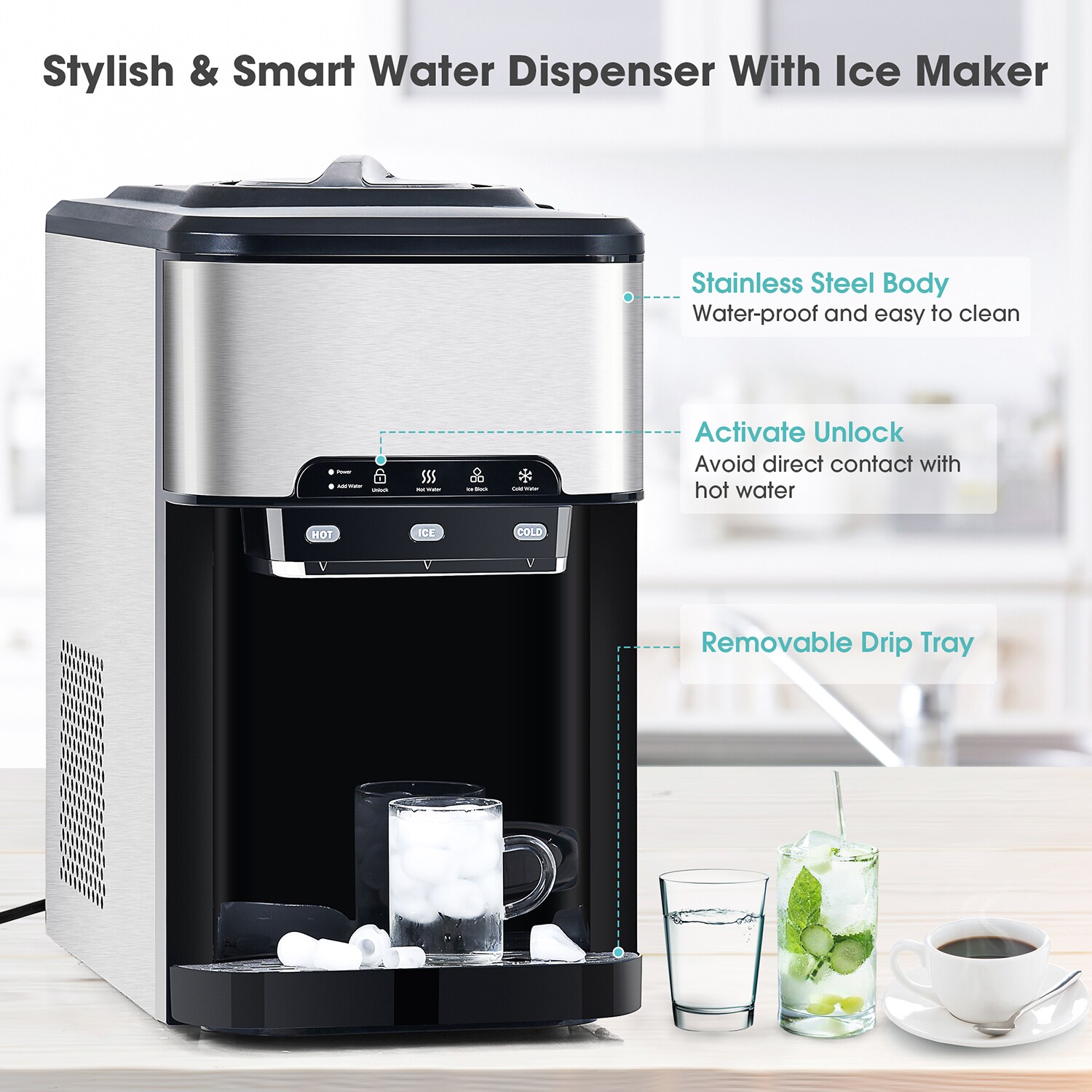 3-in-1 Water Cooler Dispenser with Built-in Ice Maker and 3 Temperature Setting