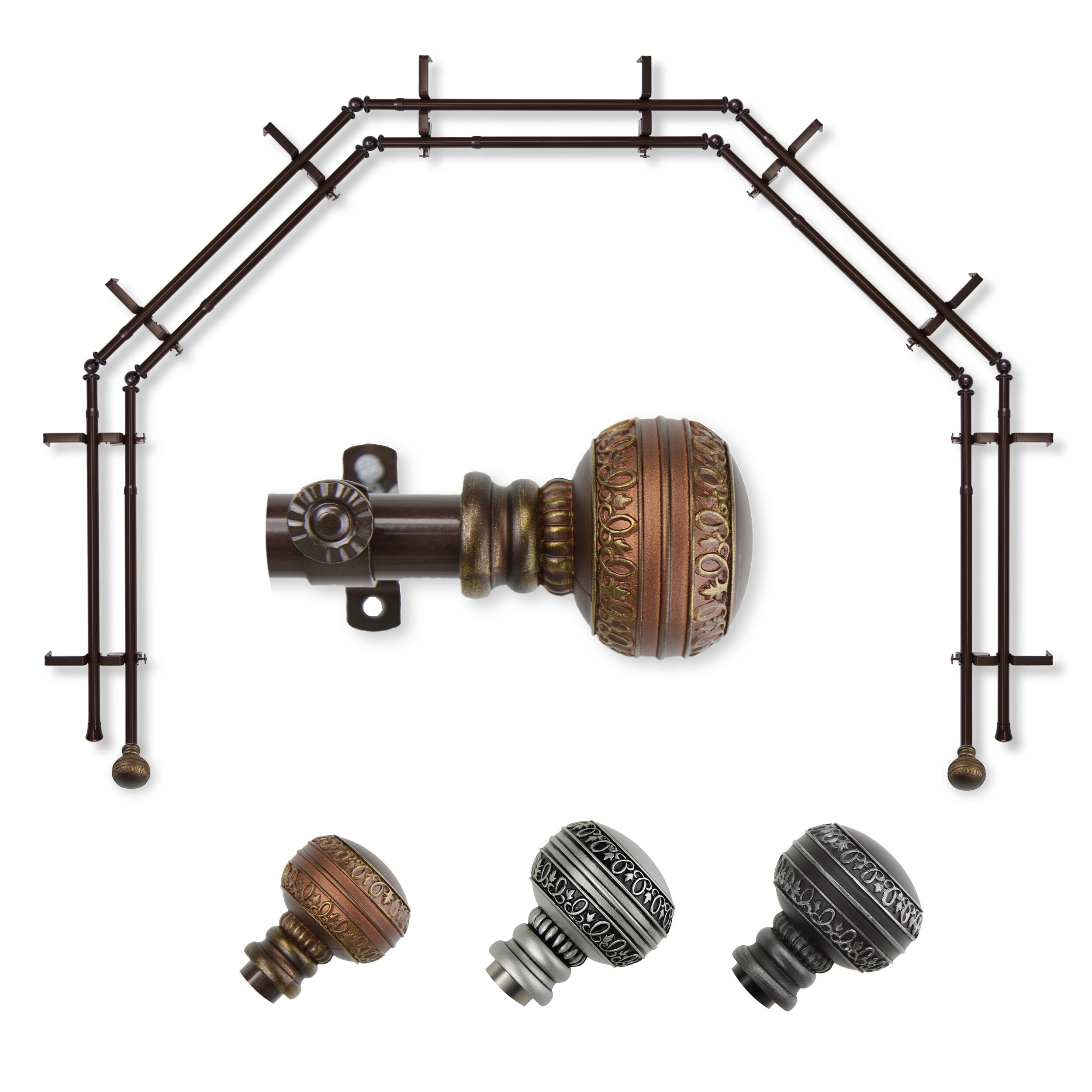 Hart & Harlow L-5BAY-02-7D Faith 5-Sided Double Bay Cocoa Steel Bay window curtain rod with Finials