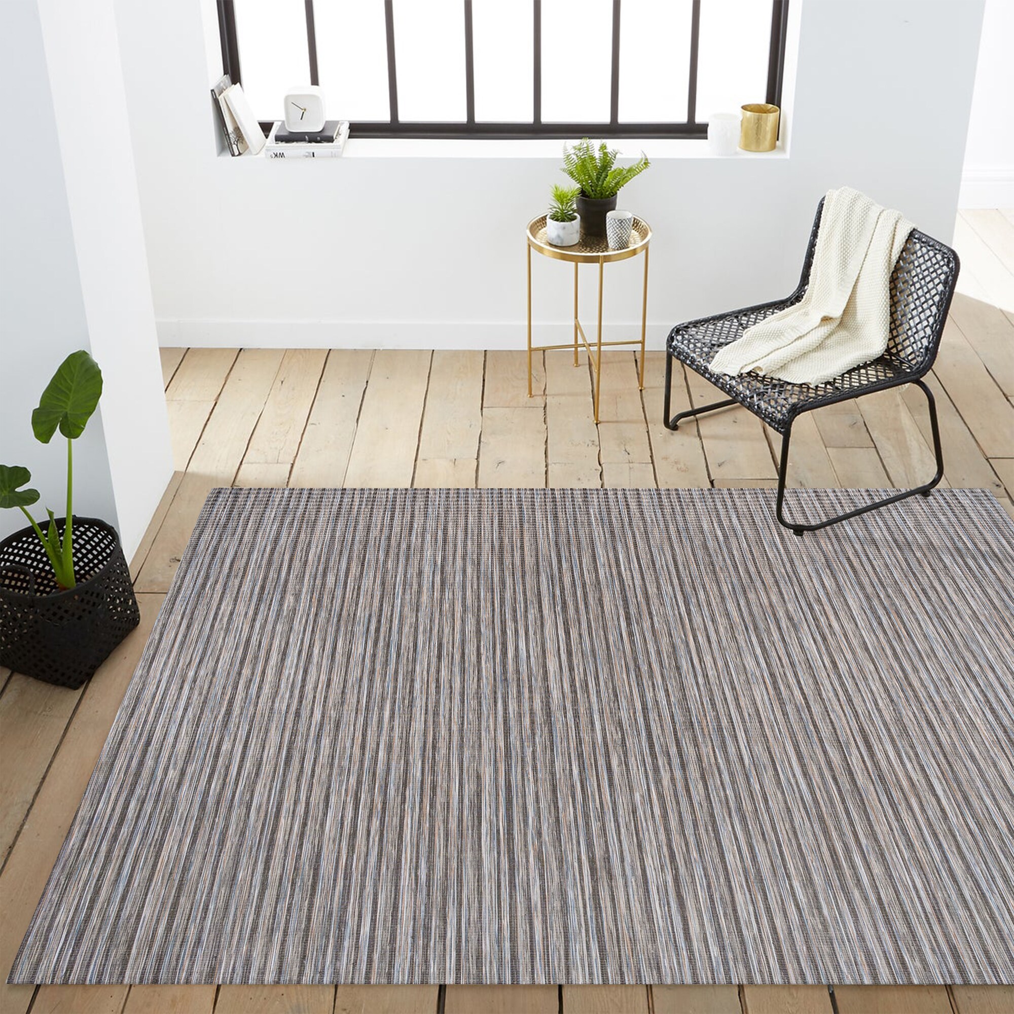 Finn Dark Gray and Blue Striped Synthetic 4' x 6' Area Rug