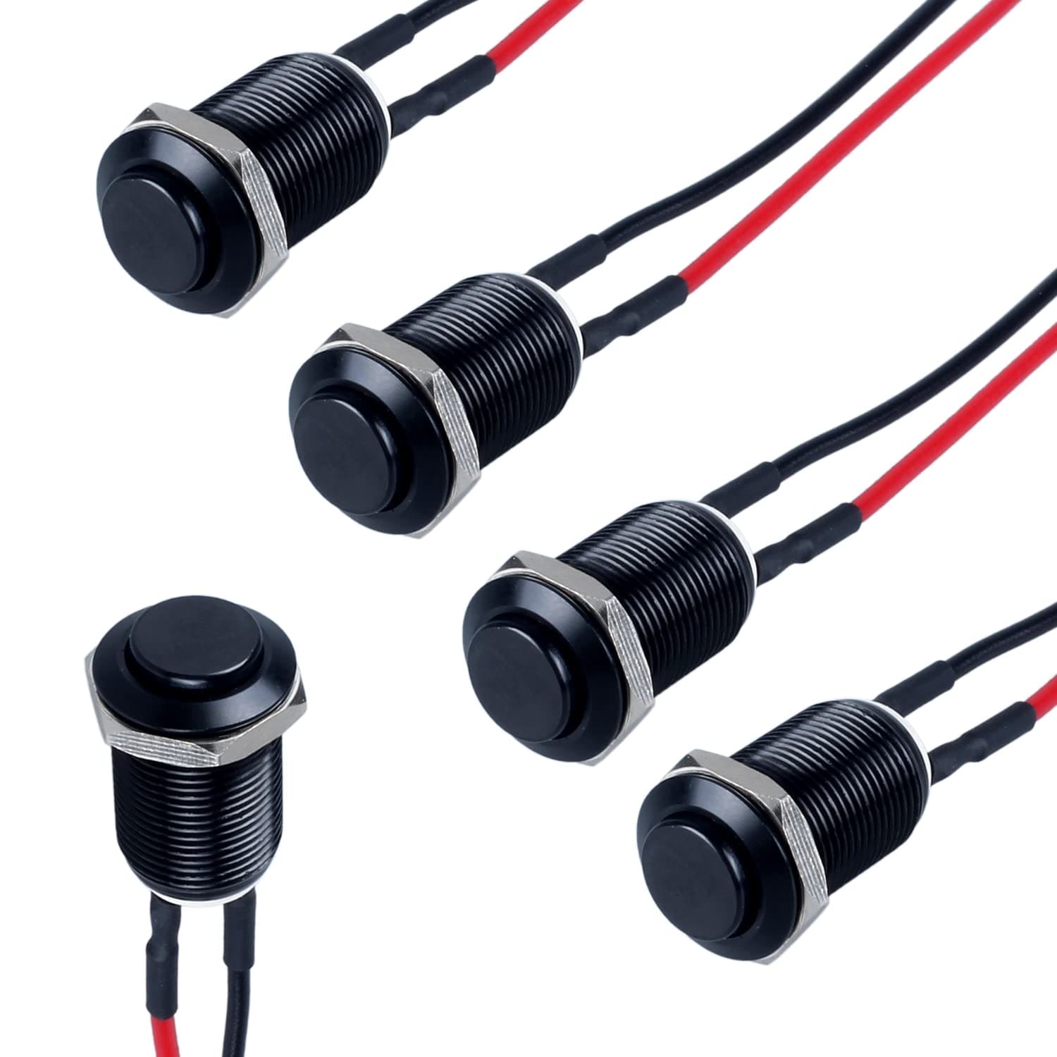 Aoibox  5 Pack 12 mm Latching Push Button Switch Normally Open Raised Head with Pre Soldered Leads IP66 Aluminum