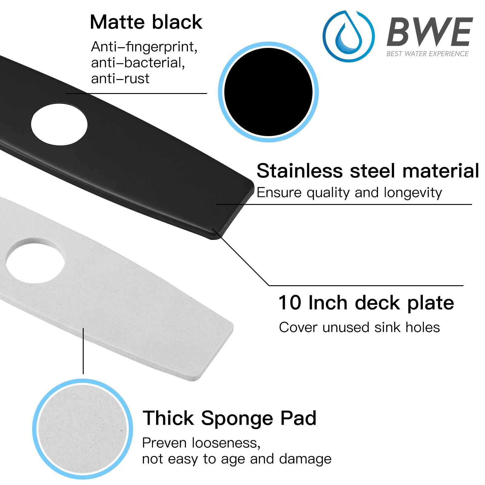 BWE Sink Hole Cover 10 Inch Deck Plate for Black Bathroom or Kitchen Sink Faucet 1 or 3 Hole Escutcheons Stainless Steel Vessel Vanity Sink Matte Black Faucet Cover Oval