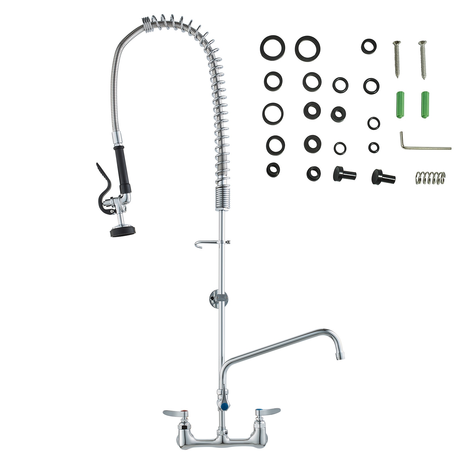 VEVOR SCBGSYCXSLTB05330V0 Industrial Sink Faucet  44in Tall  8in Apart  12in Rotating Spout  Wall Mounted  Brass Made with Extendable Sprayer  Fits Single/Triple Sinks