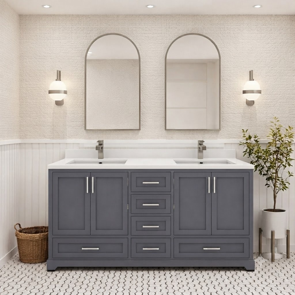 Ayna Decors Maya 60-in Charcoal Grey Undermount Double Sink Bathroom Vanity with White Quartz Top (Fully Assembled)