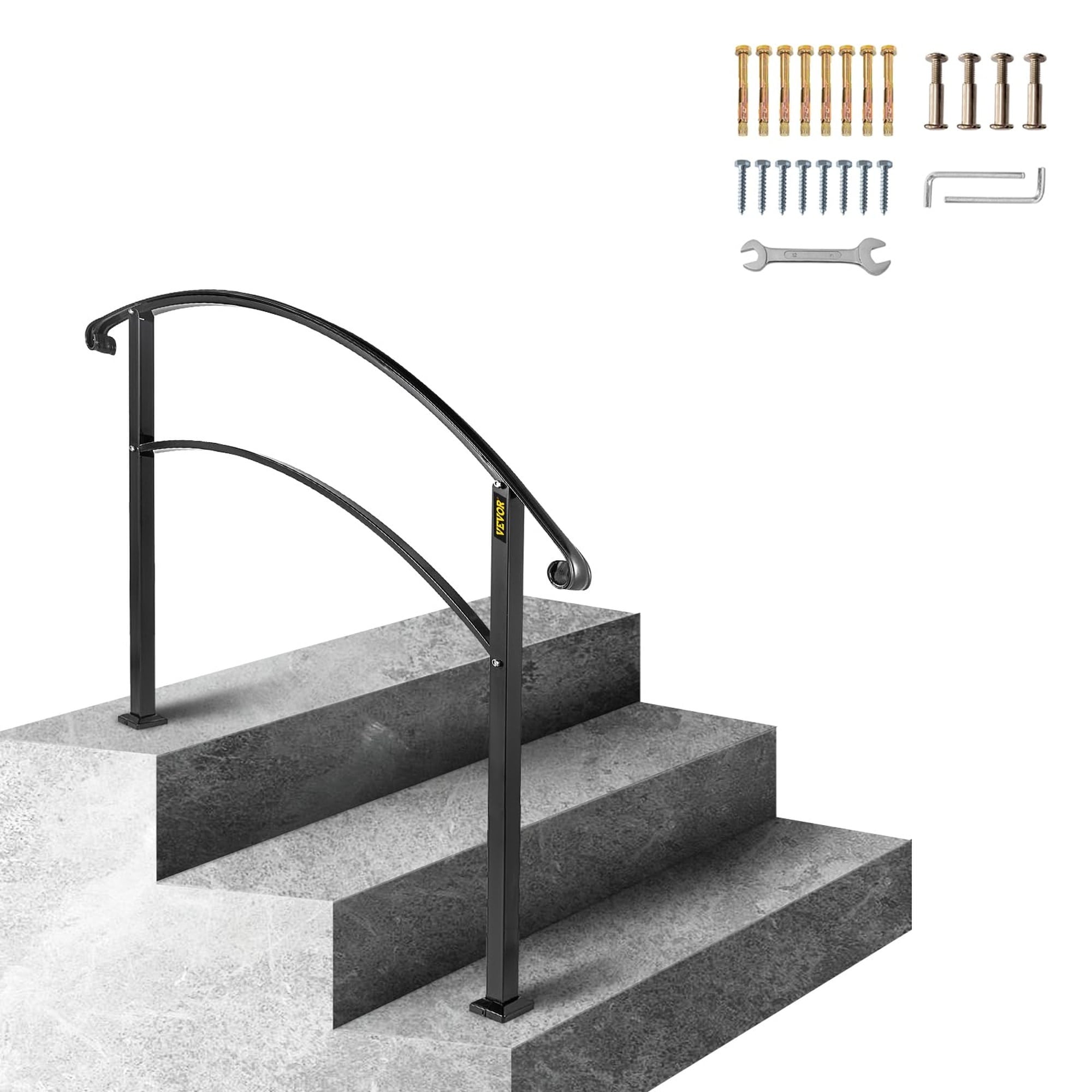 Wudkey - 42 inch H 3-Step Black Wrought Iron Outdoor Stair Railing 1 Pcs