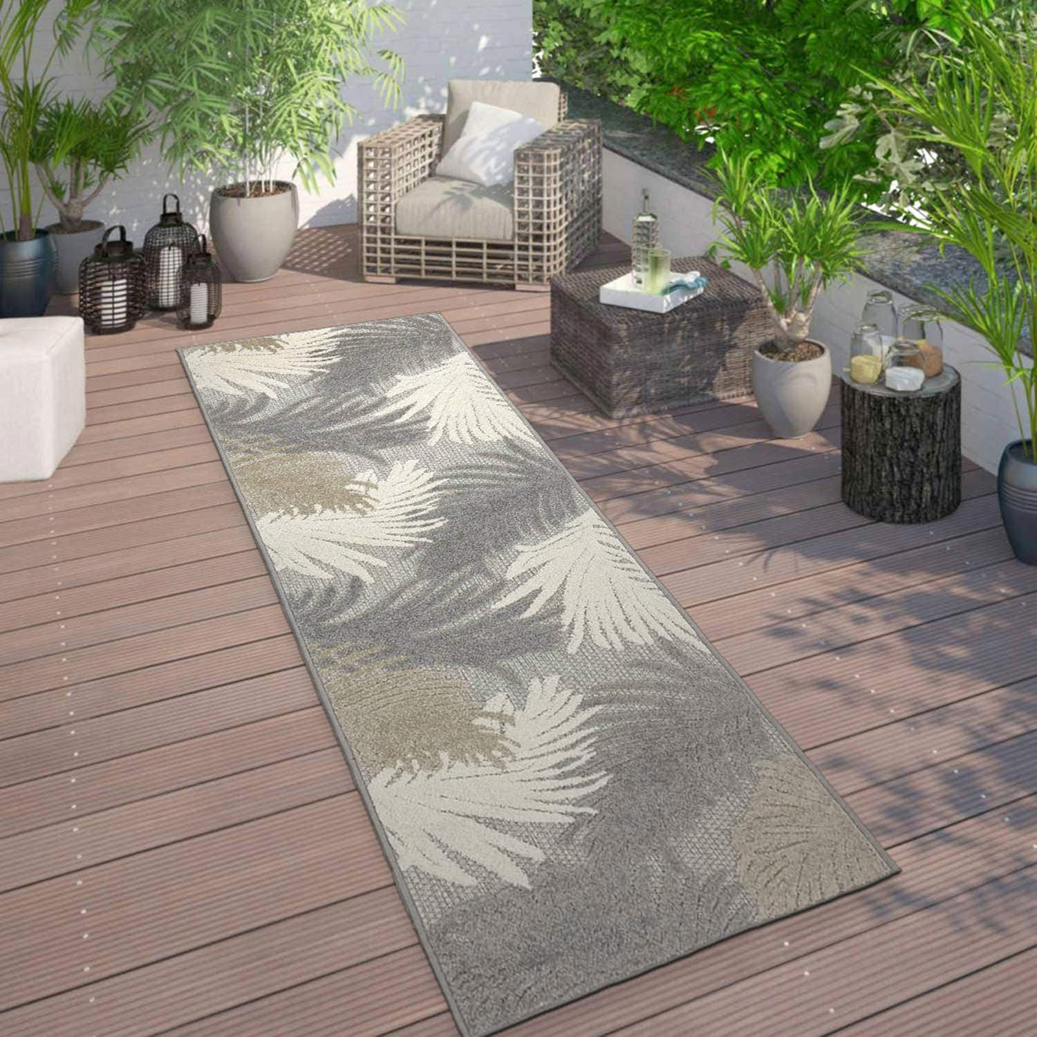 World Rug Gallery 8013GRAY2X7 Patio 2 x 7 (ft) Loomed Polypropylene Gray Rectangular Indoor/Outdoor Floral/Botanical Global Runner rug