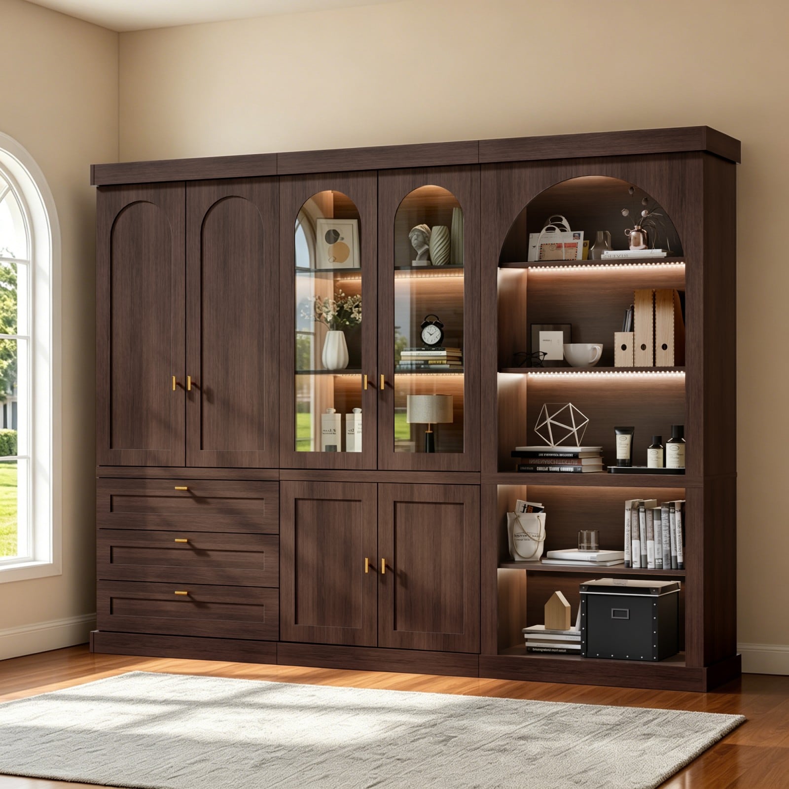 GlasFlength  71 Inch Arched Kitchen Pantry Cabinet LED Storage Combination Set of 3 Tall Display Cabinet with Glass Door and Open Shelves for Living Room Dining Room Walnut