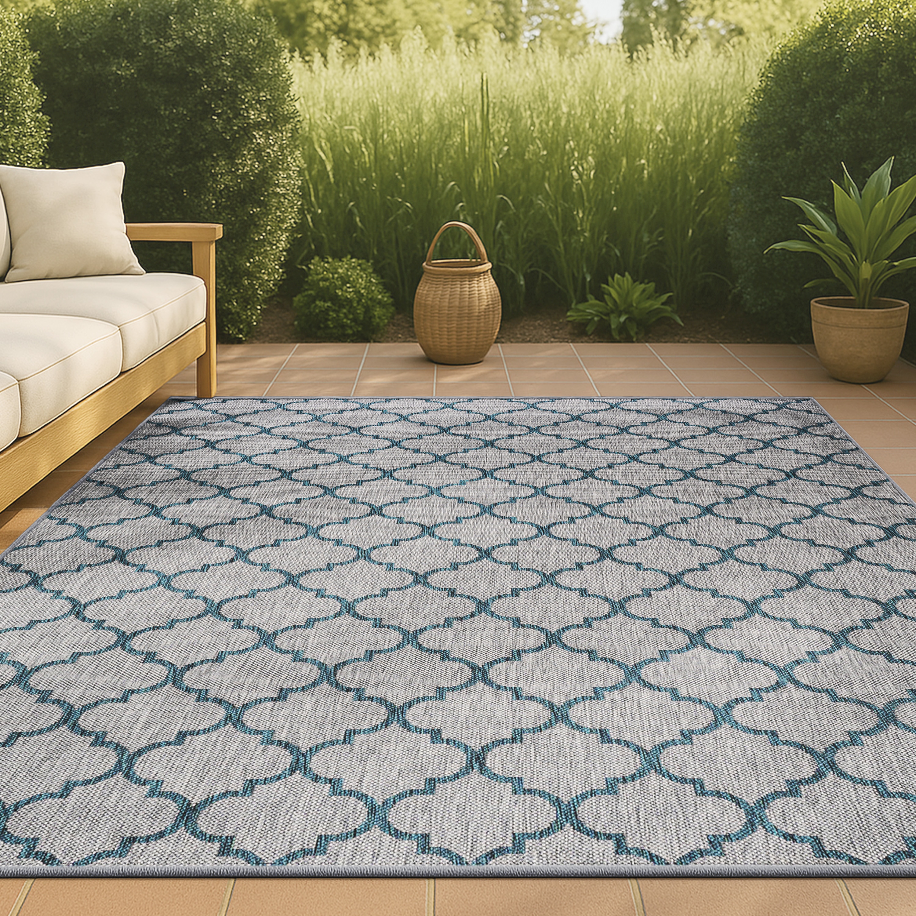 JONATHAN  Y SMB122B-5 Santa Monica Arabesque Ogee 5 x 8 (ft) Loomed Polypropylene Gray/Teal Rectangular Indoor/Outdoor Trellis Bohemian/Eclectic Area rug