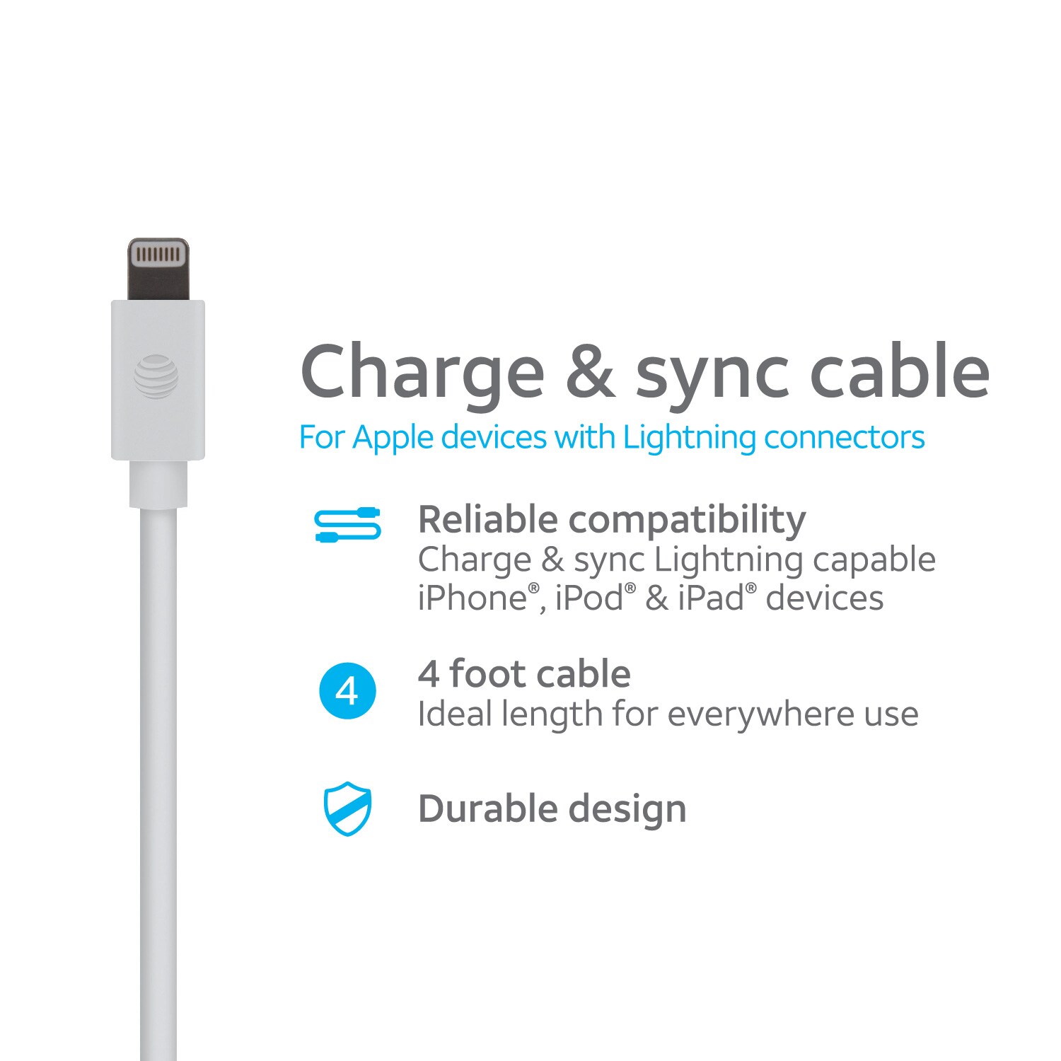 AT&T Certified USB-A to Lightning 2.0 Cable, 4 Feet, White - M-M, 480 ...