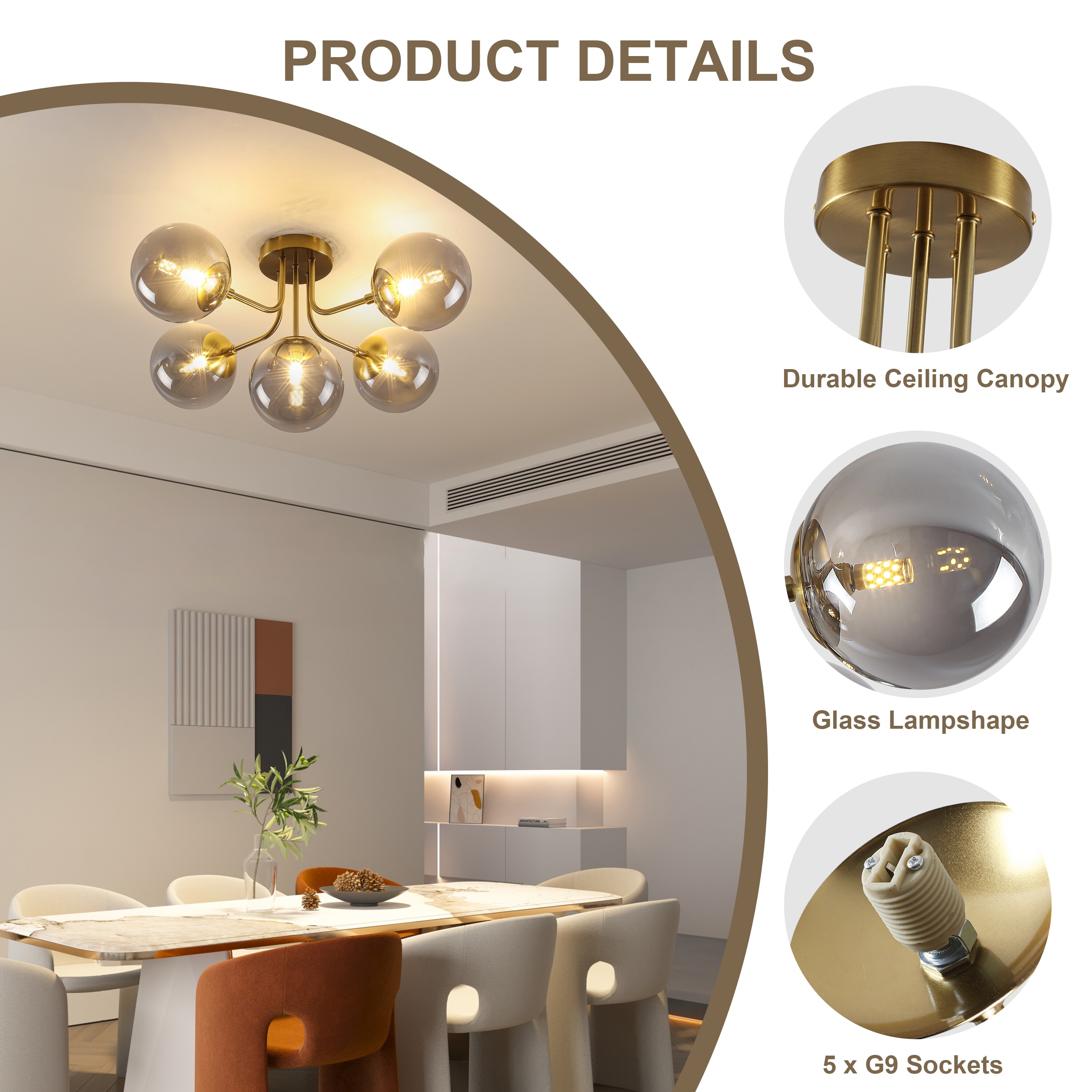 GZJunYo 23.82-in Gold and Smoked Glass Modern Sputnik Indoor 5