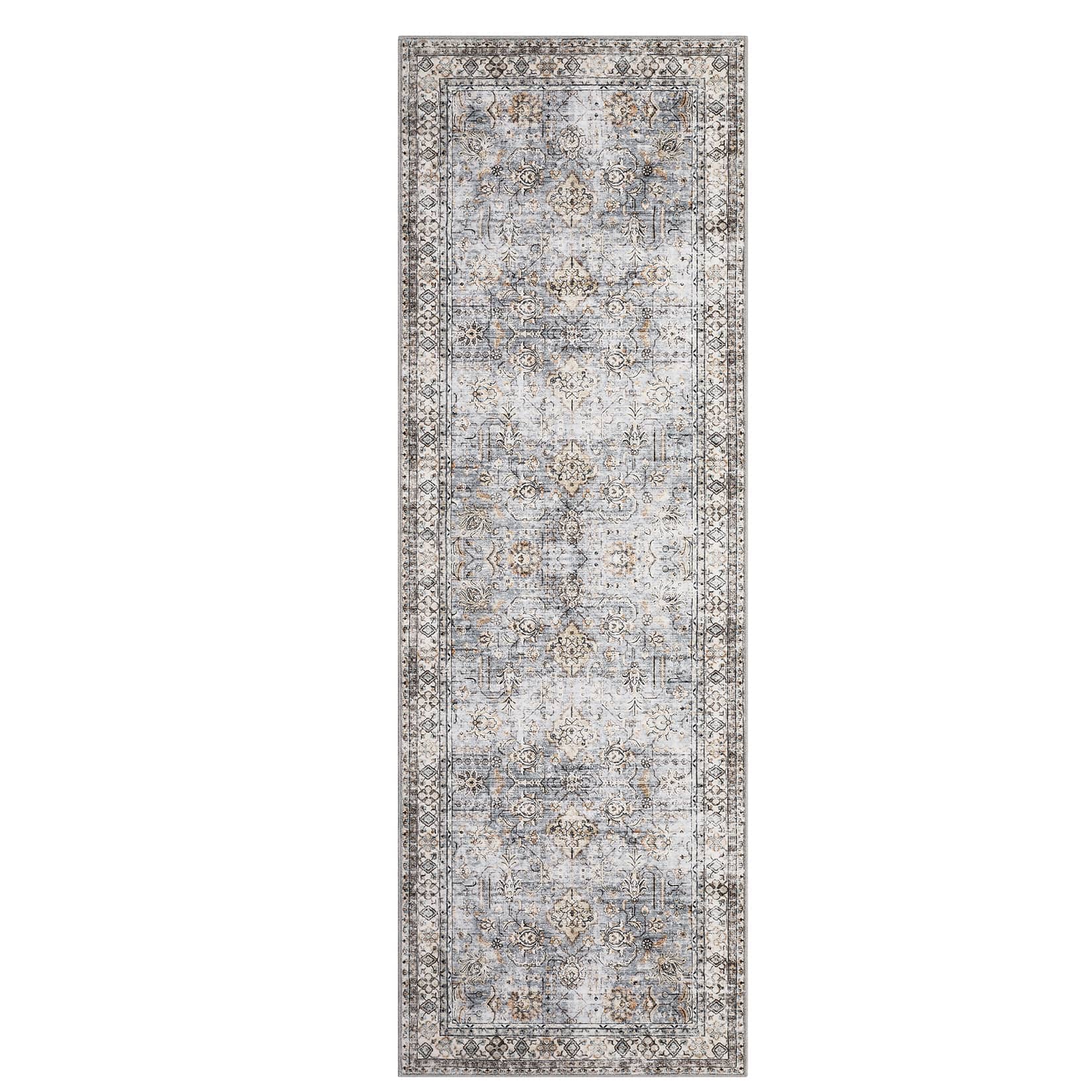 Qeetex LSN-PHK-345CGKAP 2 x 8 ft Polyester Cashmere Blue Rectangular Hallway Bathroom Entryway Kitchen Office Foldable Flower Printed Persian Washable Area Rug