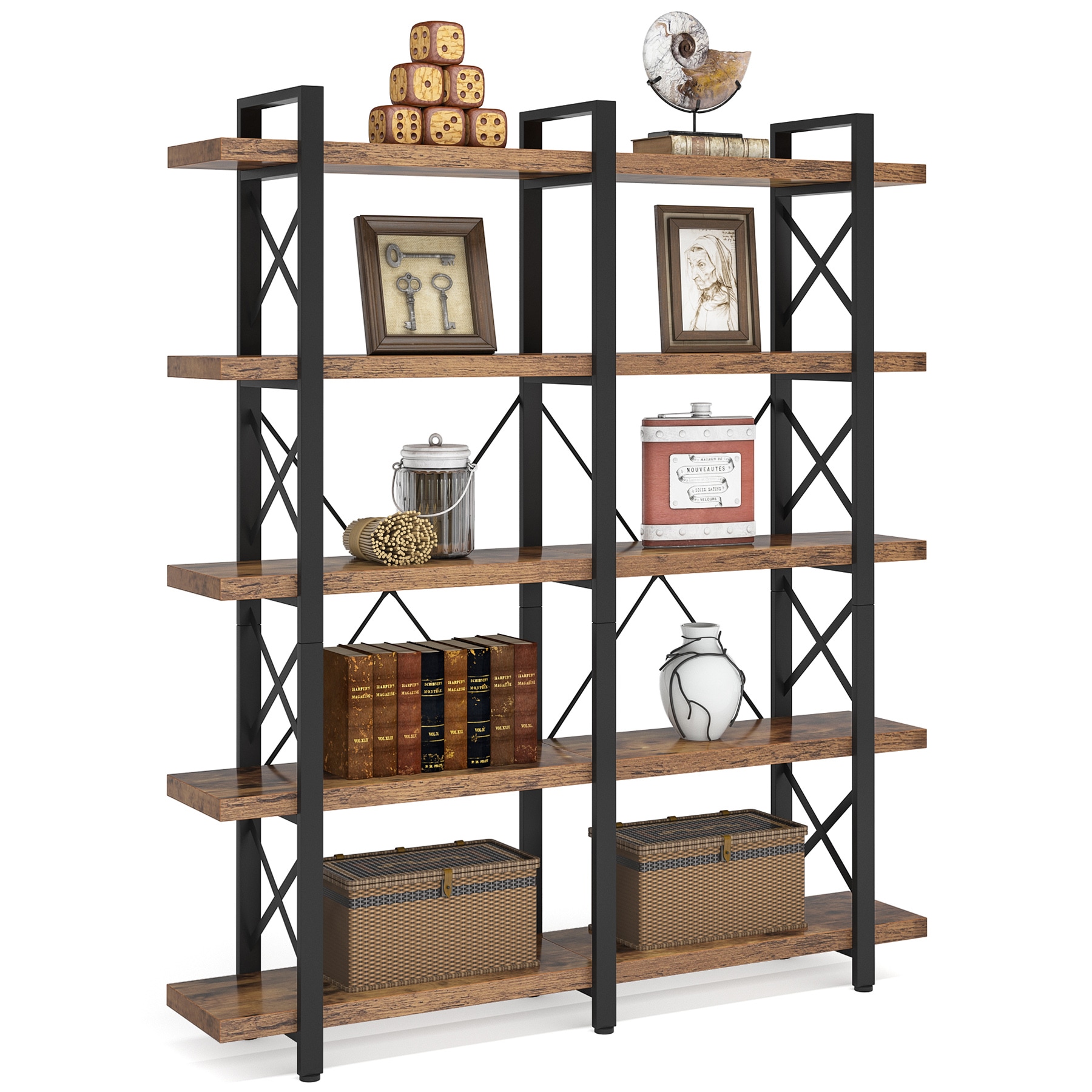 Tribesigns Brown Metal 5-Shelf Bookcase (59.05-in W x 70.86-in H x 11. ...