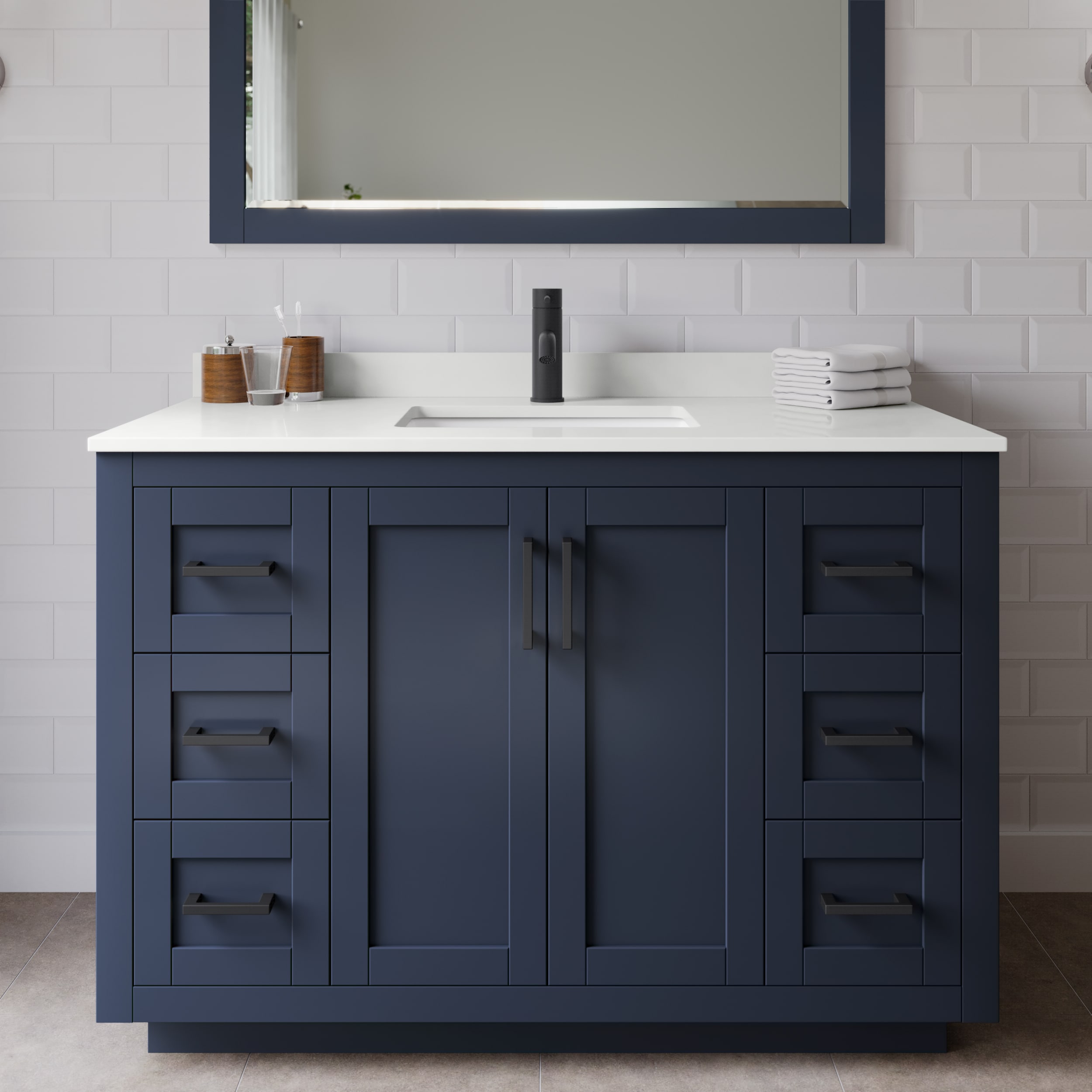Wyndham Collection WCF292948SBBWQUNSMXX Miranda 48-in Dark Blue Undermount Single Sink Bathroom Vanity with White Quartz Top