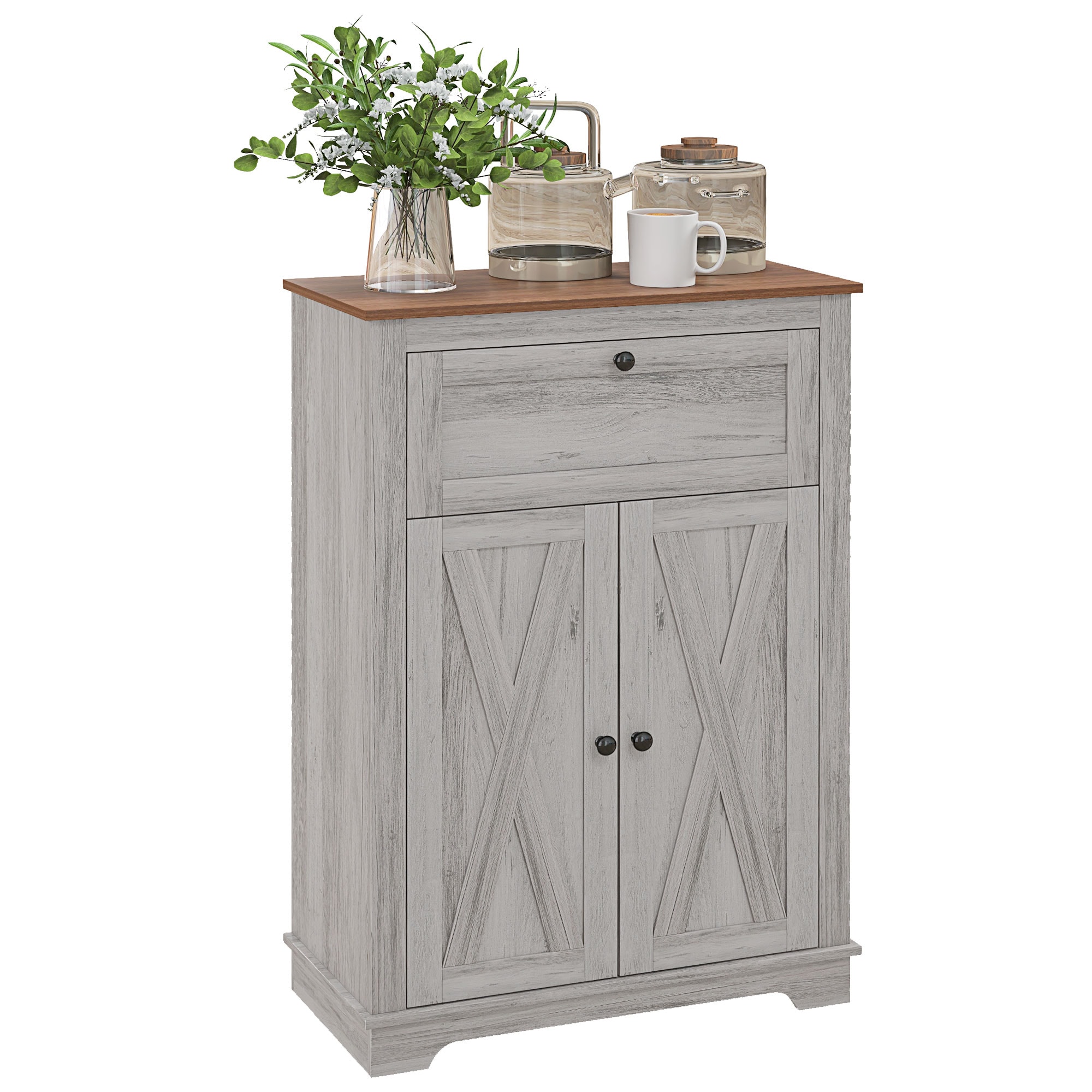 Tatayosi JL-229126 34.5 Inch Light Gray Farmhouse Storage Cabinet with Adjustable Shelf and Drawer