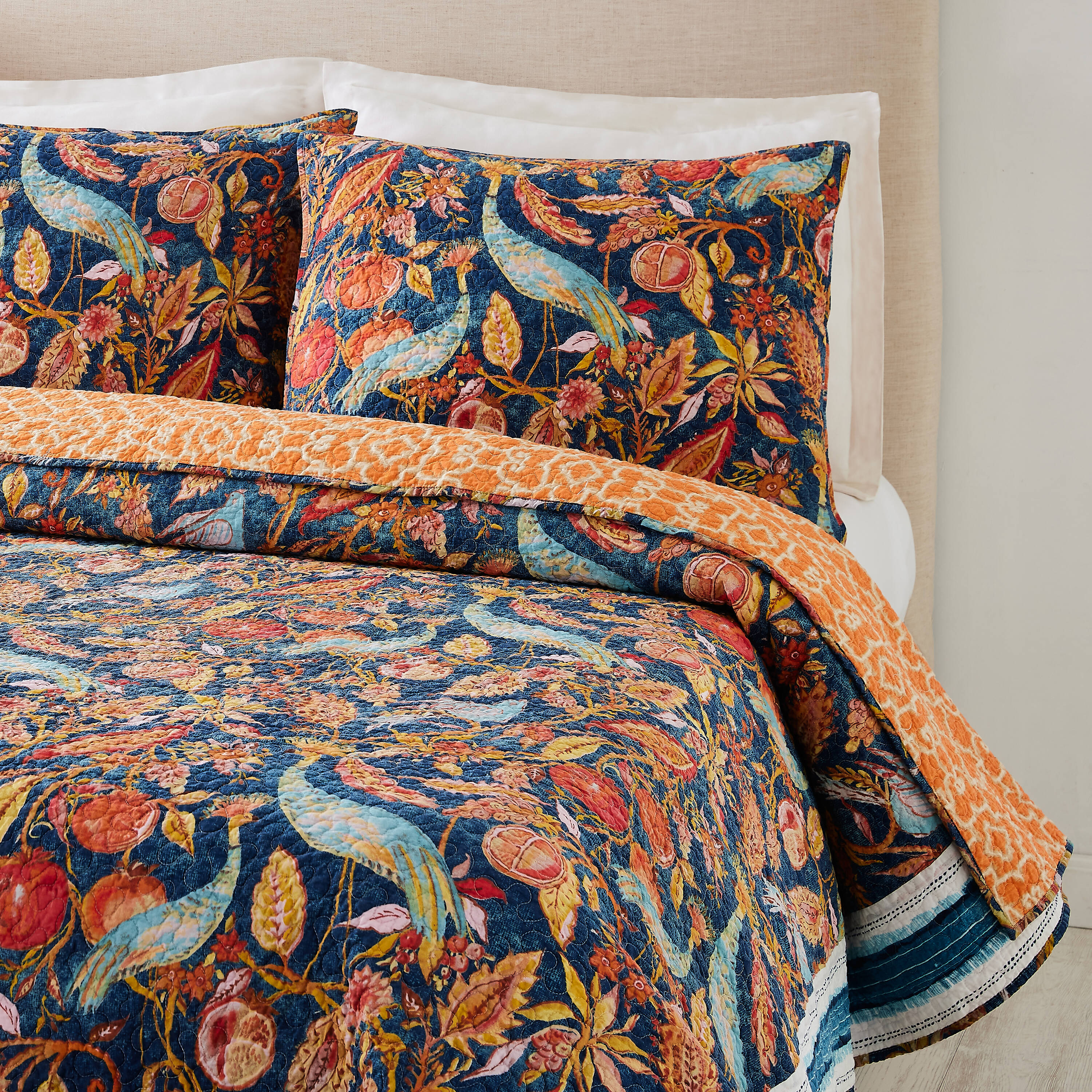 King Size Blue Cotton Reversible Quilt Set