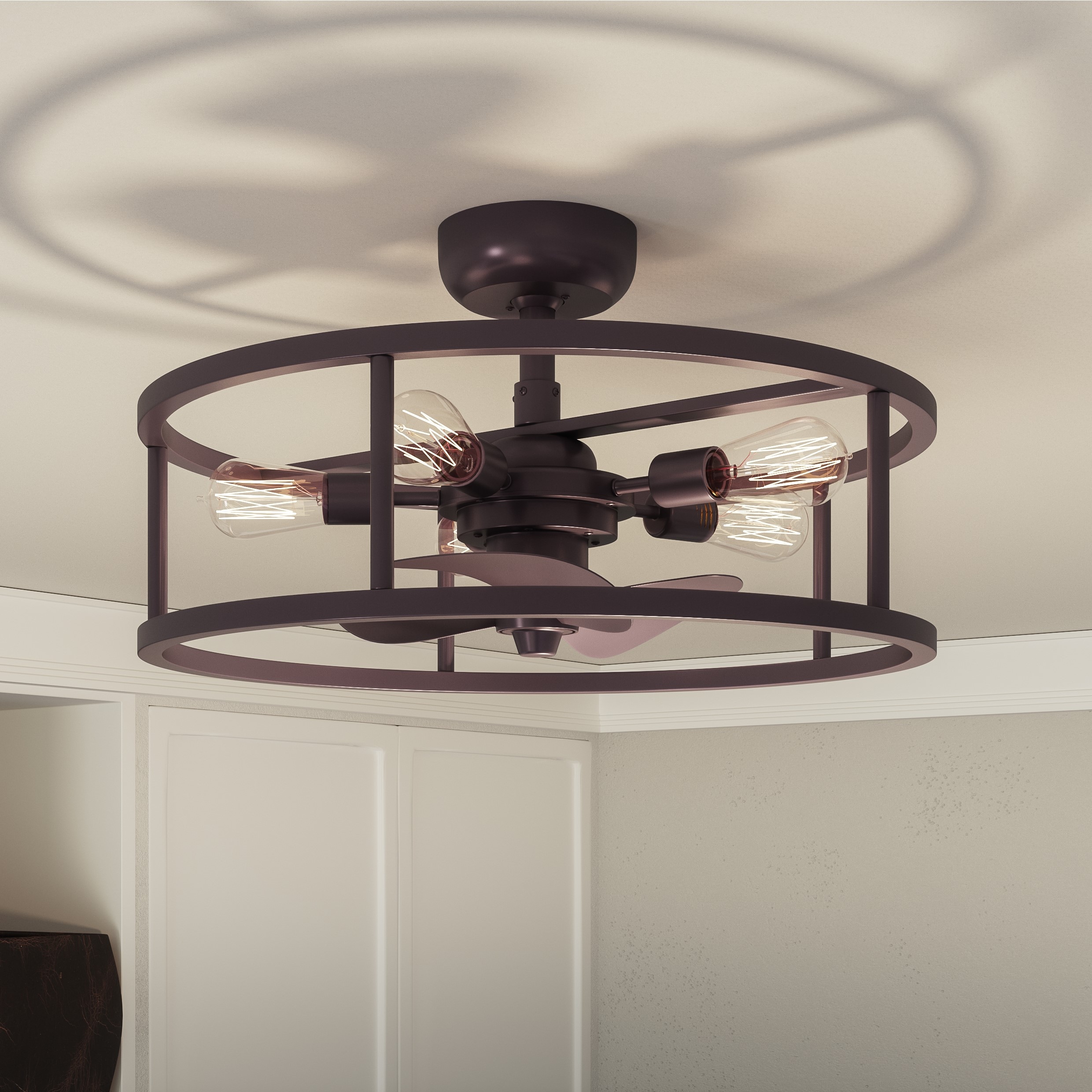 Quoizel NHR3124WT New Harbor 23.75-in Downrod or Flush Mount Bronze with Brown Blades Fandelier Ceiling Fan With Light - Remote Included ( 3 -Blade )
