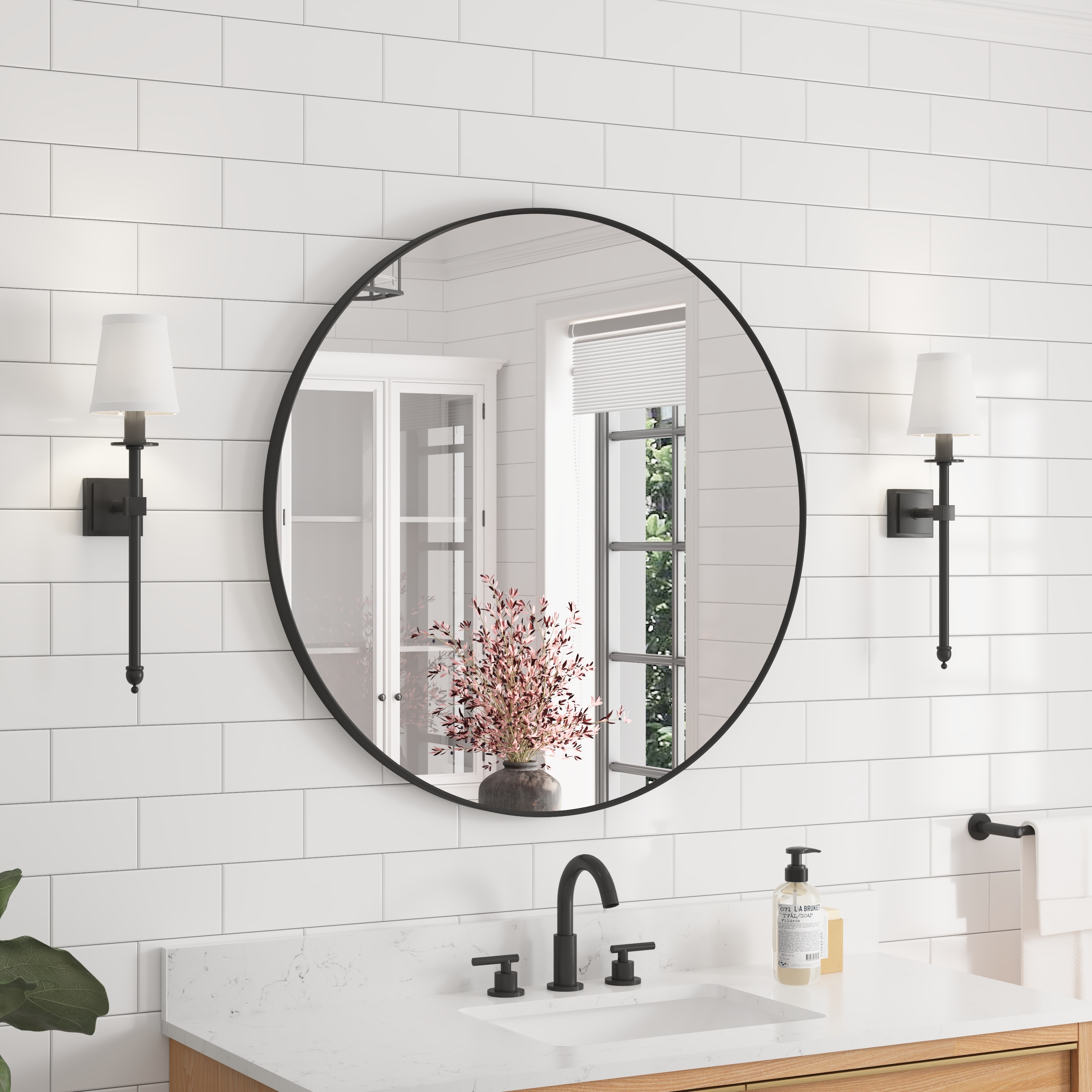 CALVON RC9-3636MB Bathroom mirror 36-in x 36-in Framed Round Bathroom Vanity Mirror ( Black )
