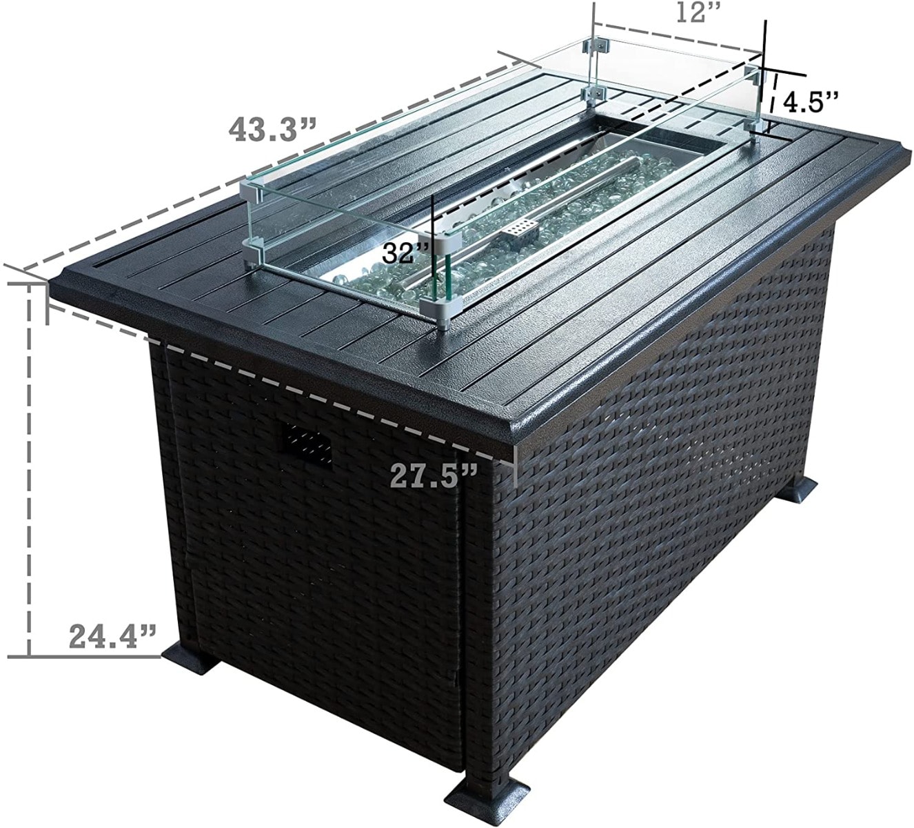 Brown Wicker Gas Fire Pit Table with Glass Wind Guard
