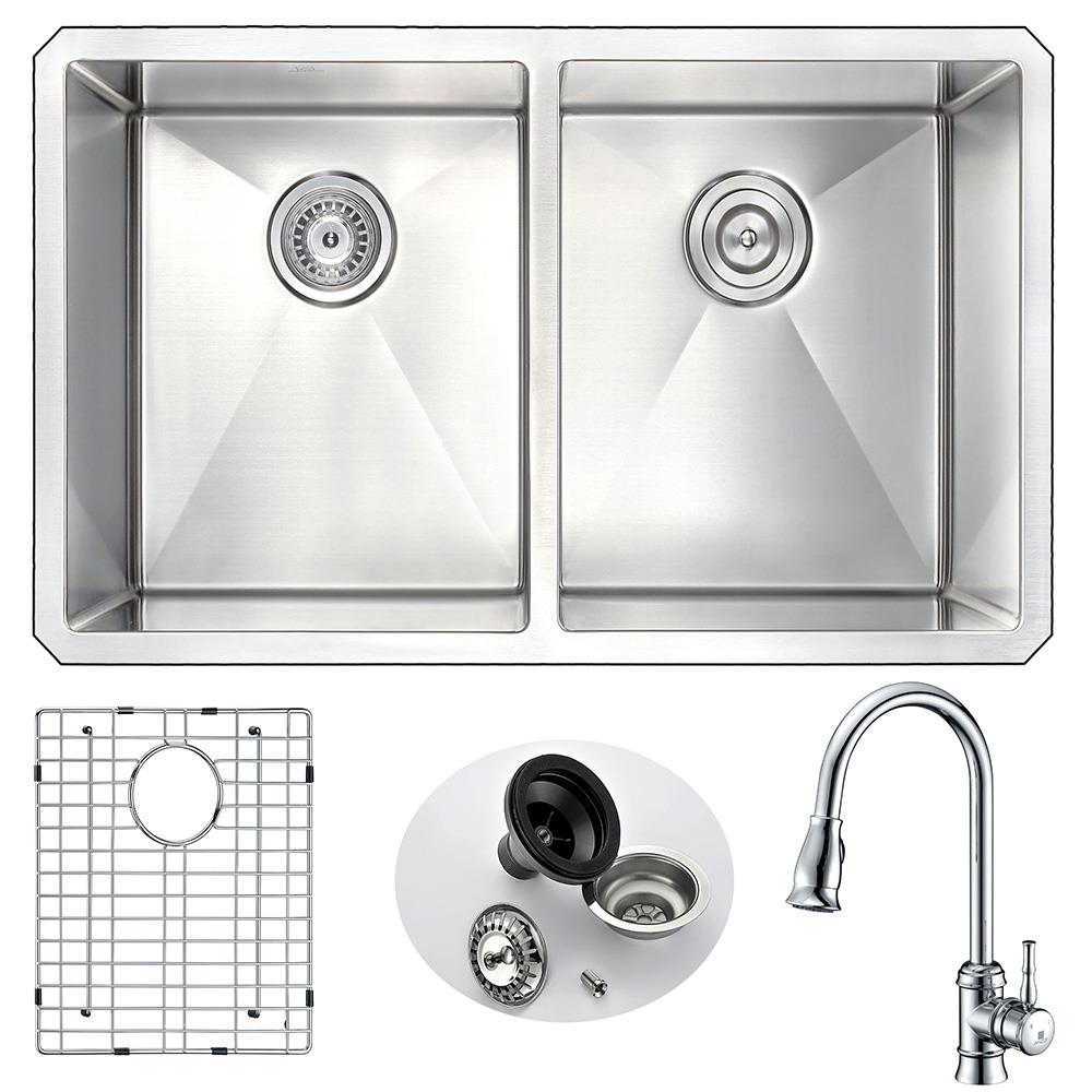 ANZZI Vanguard Undermount 32-in x 19-in Satin Double Equal Bowl 