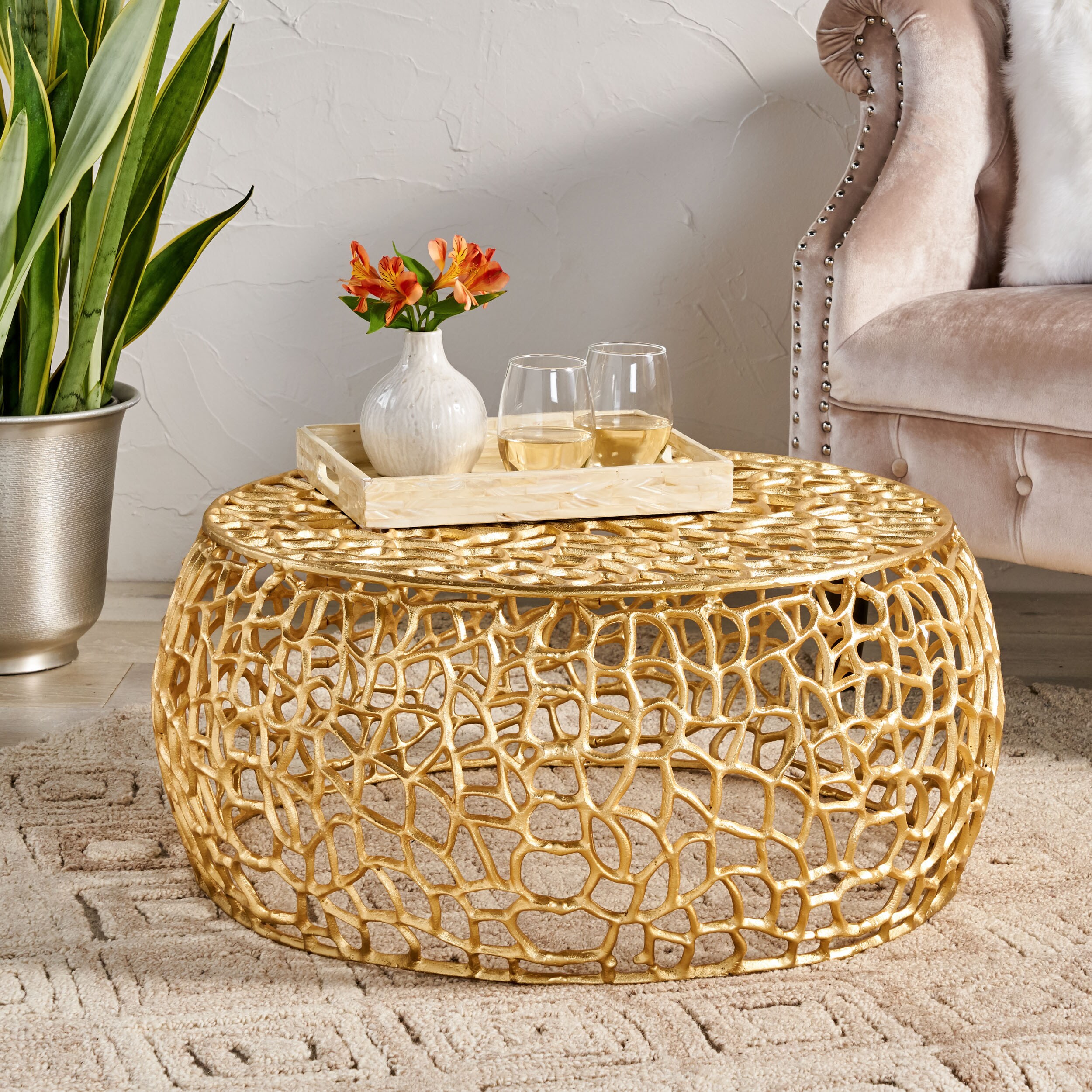 Round Gold Aluminum Mesh Modern Glam Coffee Table