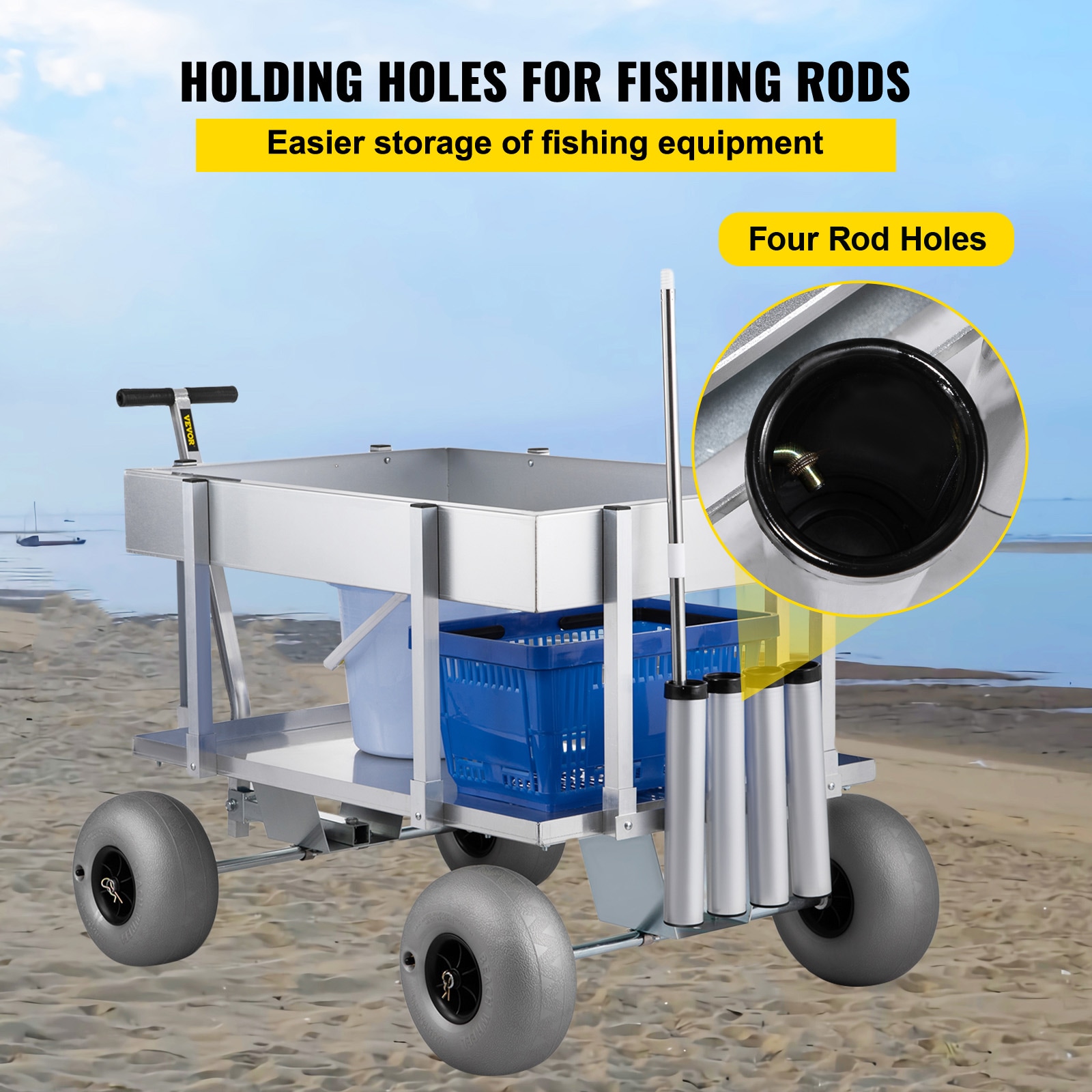 VEVOR VEVOR Beach Fishing Cart, 350 lbs Load Capacity, Fish and Marine Cart  with Two 16 Big Wheels PU Balloon Tires for Sand, Heavy-Duty Aluminum Pier  Wagon Trolley with 8 Rod Holders